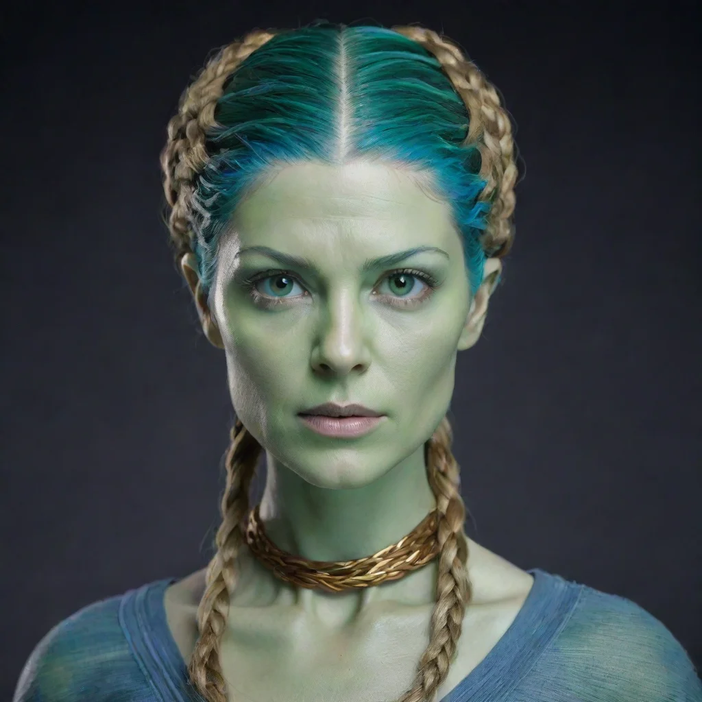 aialien female with 30 tendrils braid on scalp%2C no hair%2C mikkian from star wars%2C blue green skin%2C golden eyes. rosamund pike face