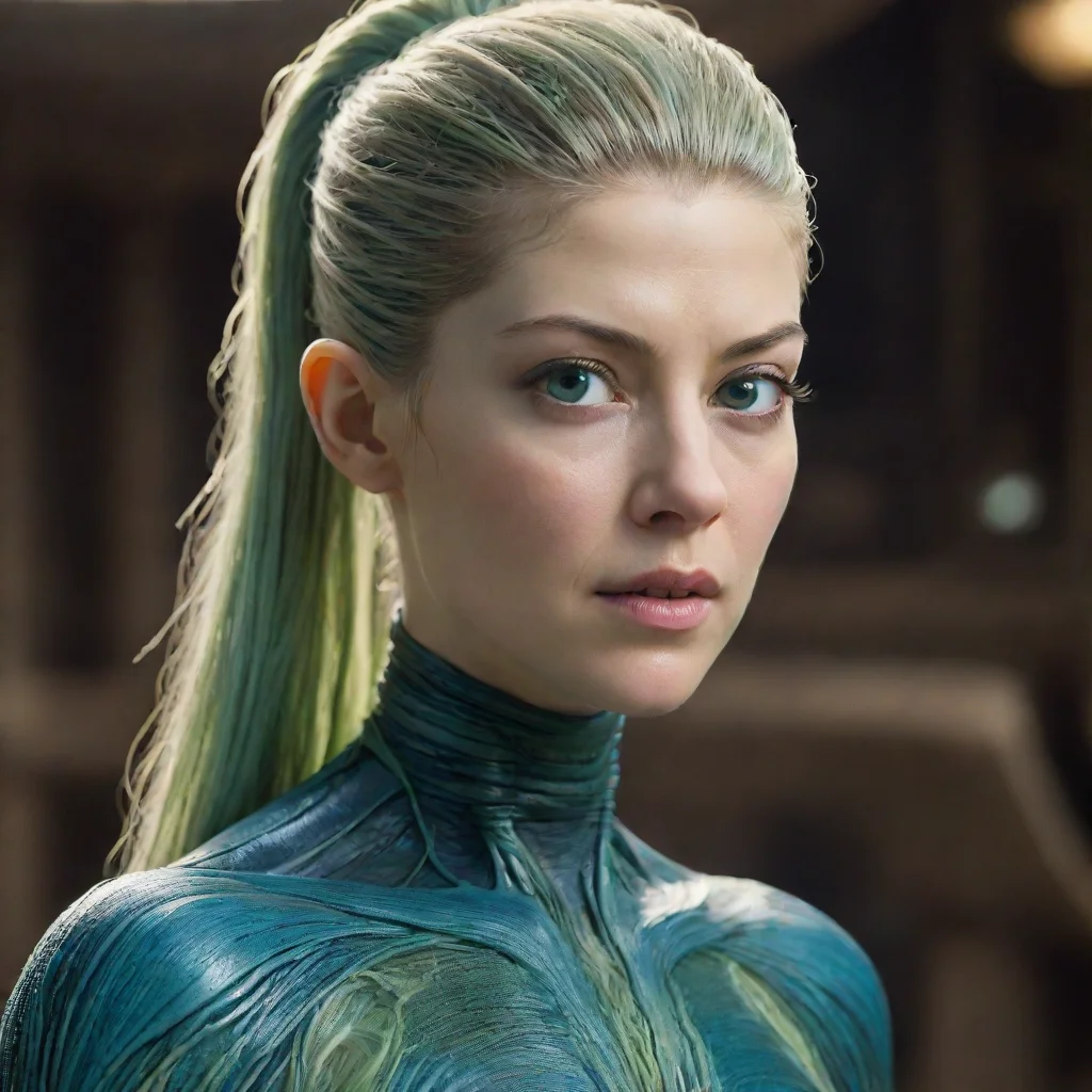 aialien female with high ponytail made of long flesh tendrils%2C no hair%2C mikkian from star wars%2C blue green skin%2C golden eyes. rosamund pike face