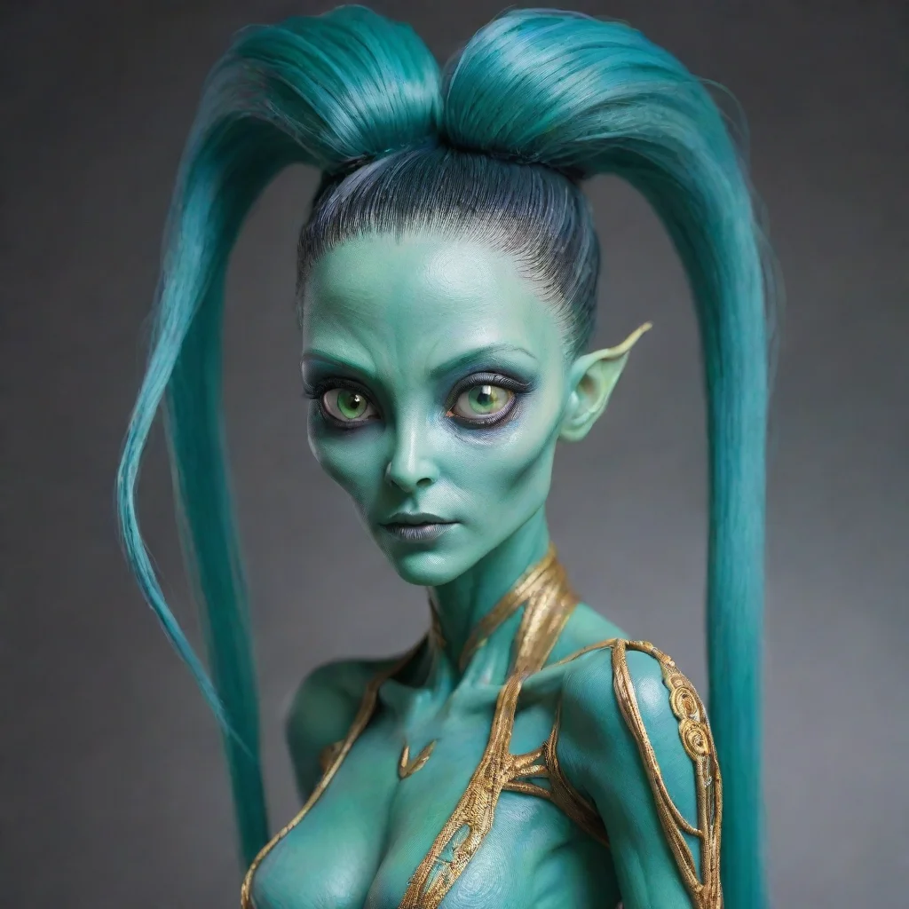 aialien female with high ponytail made of long tendrils%2C mikkian%2C blue green skin%2C golden eyes. beautiful%2C alien