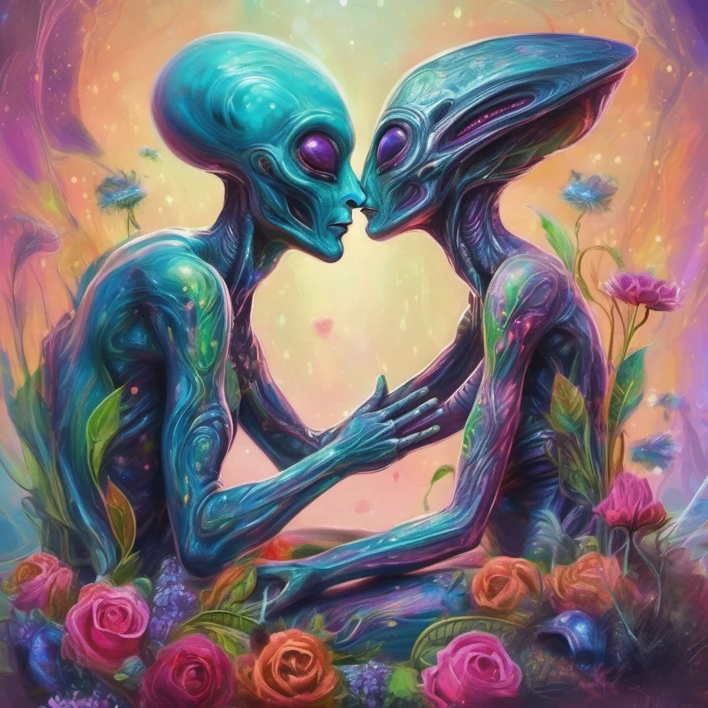 alien lovers embrace fantasy trending art love wedding colorful 