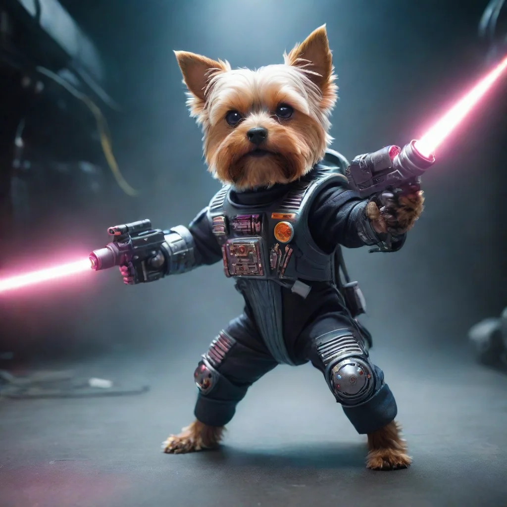 aialone yorkshire terrier in a cyberpunk space suit firing big laser  weapon with two hands