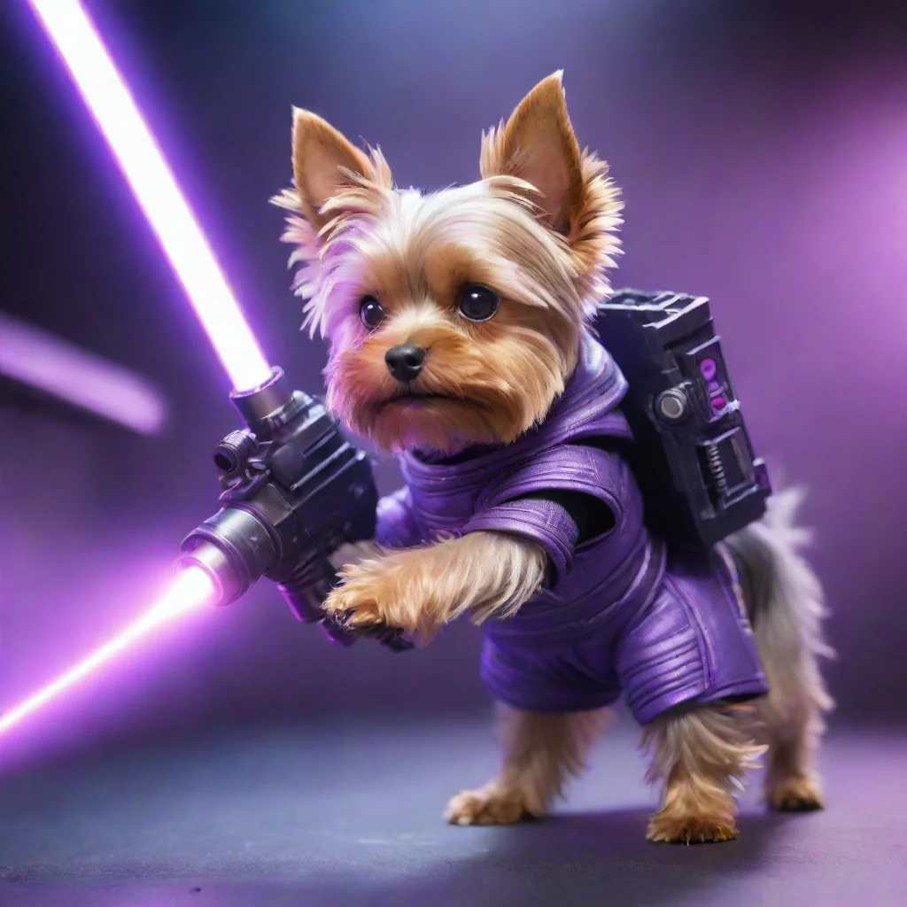 alone yorkshire terrier in a cyberpunk space suit firing big laser purple weapon