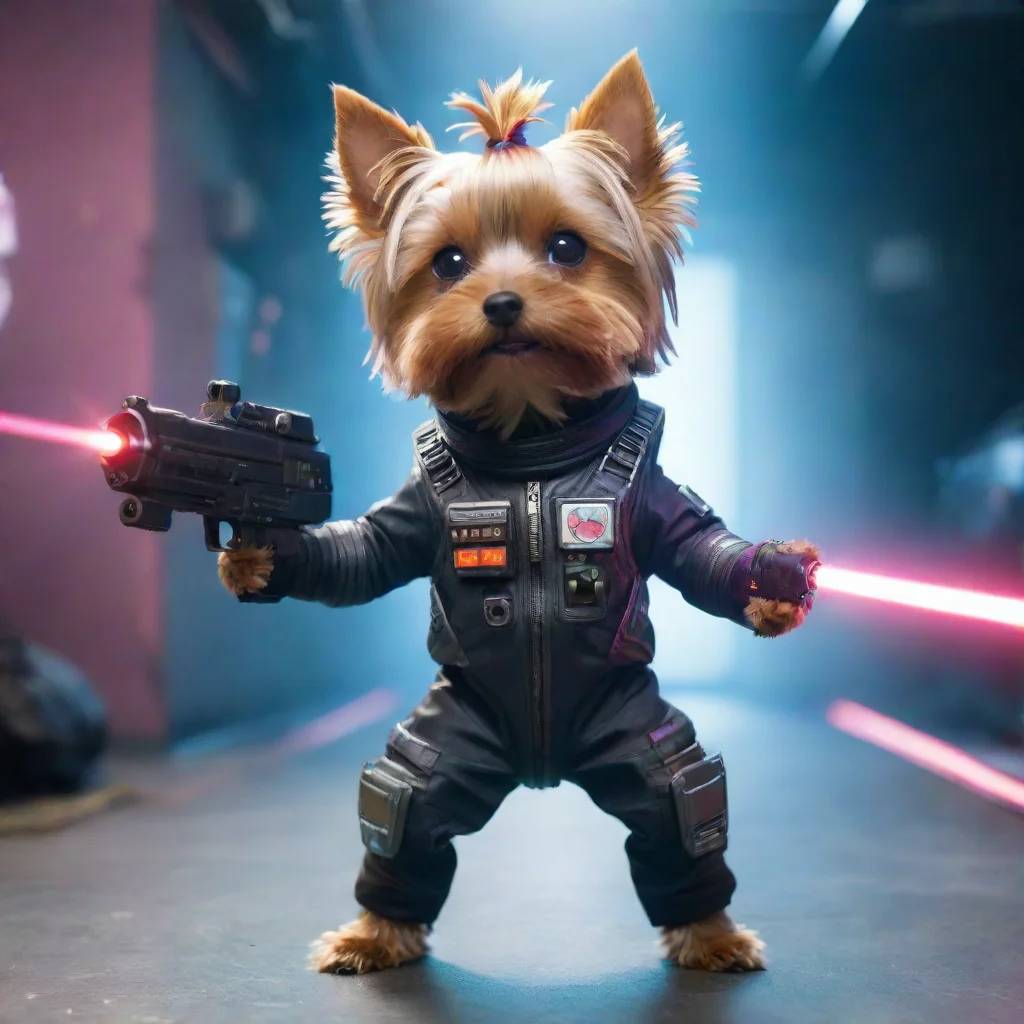 alone yorkshire terrier in a cyberpunk space suit firing big weapon laser confident