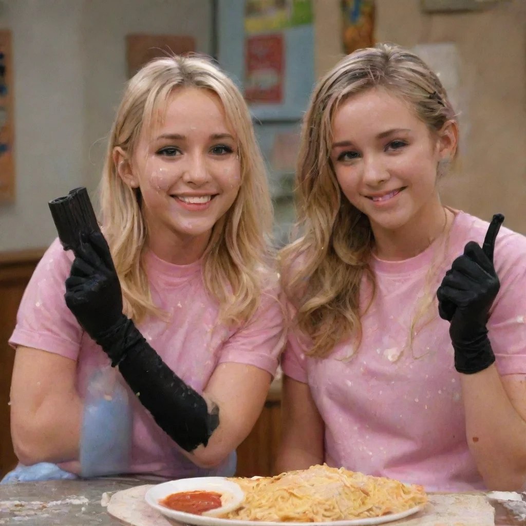 aiamanda bynes and penelope taynt from the amanda show smiling  with black nitrile gloves and gun and mayonnaise splattered everywhere