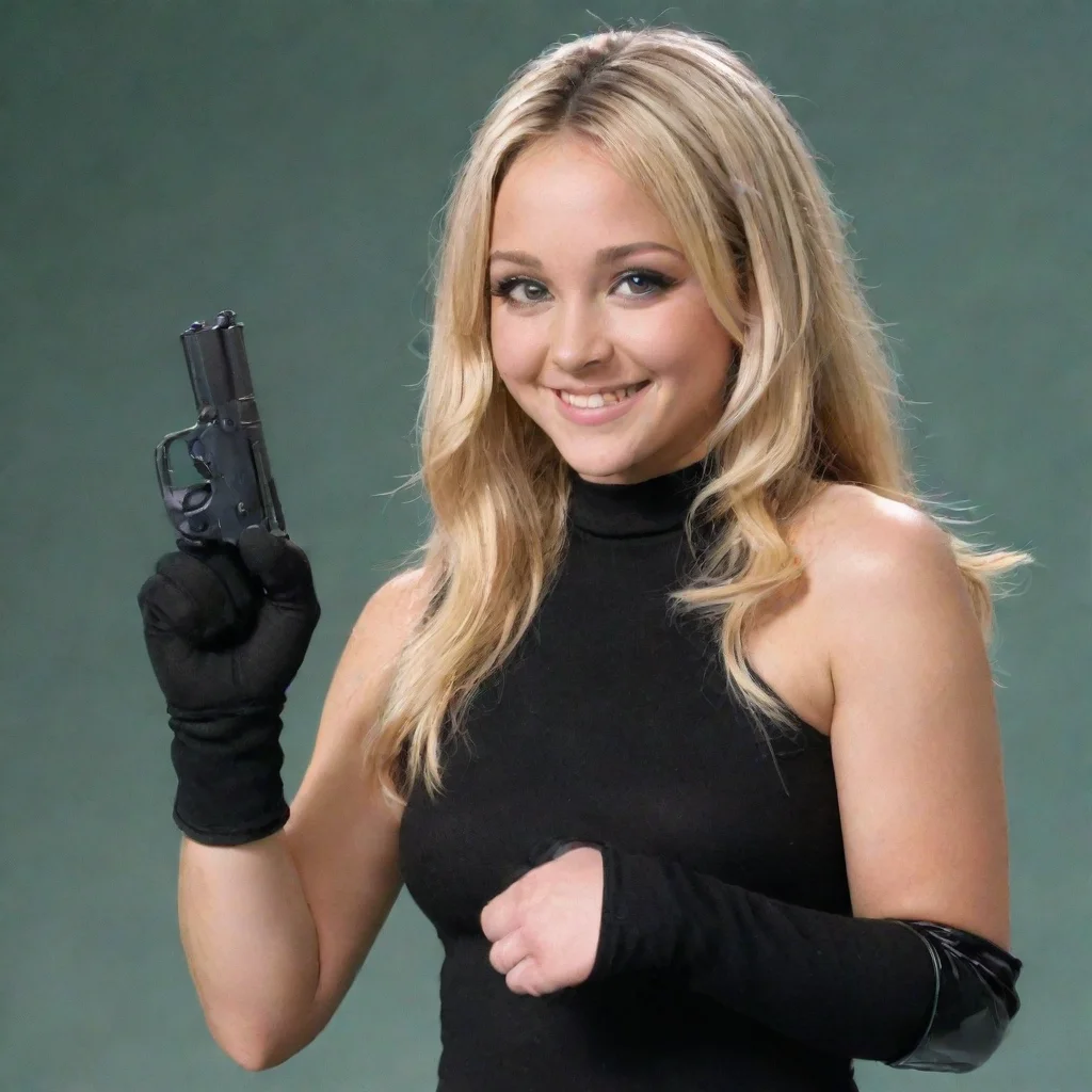aiamanda bynes from the amanda show  smiling with black gloves and gun 