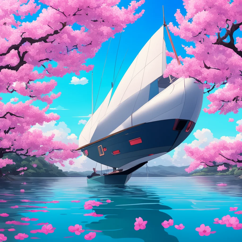 aiamazing  an anime style movie poster with a trimaran sailing on a lake%2C and cherry blossoms floating in the wind  awesome portrait 2