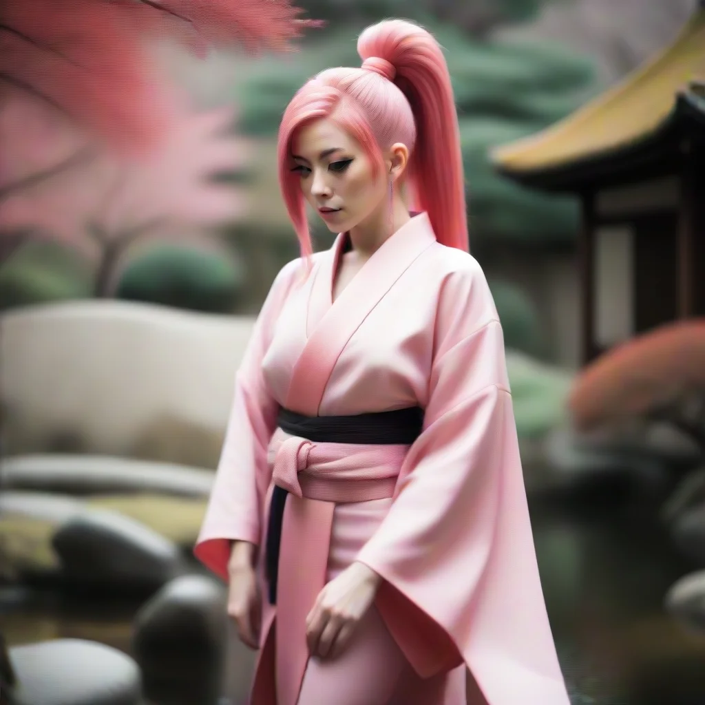 amazing  chick with pink hair with a very long ponytail with fringes dressed in a very tight pink kimono in a japanese garden awesome portrait 2
