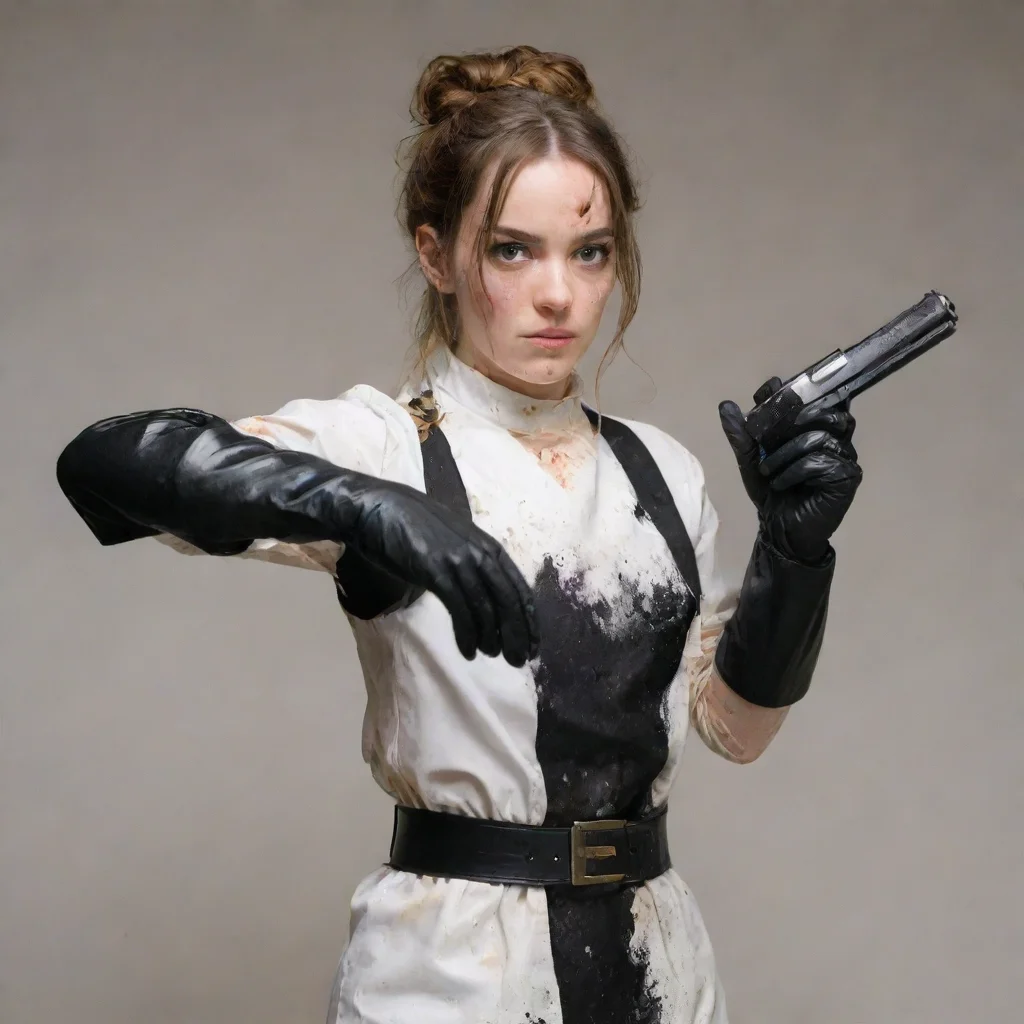 aiamazing  emily elizabeth howard with black gloves and gun and mayonnaise splattered everywhere  awesome portrait 2