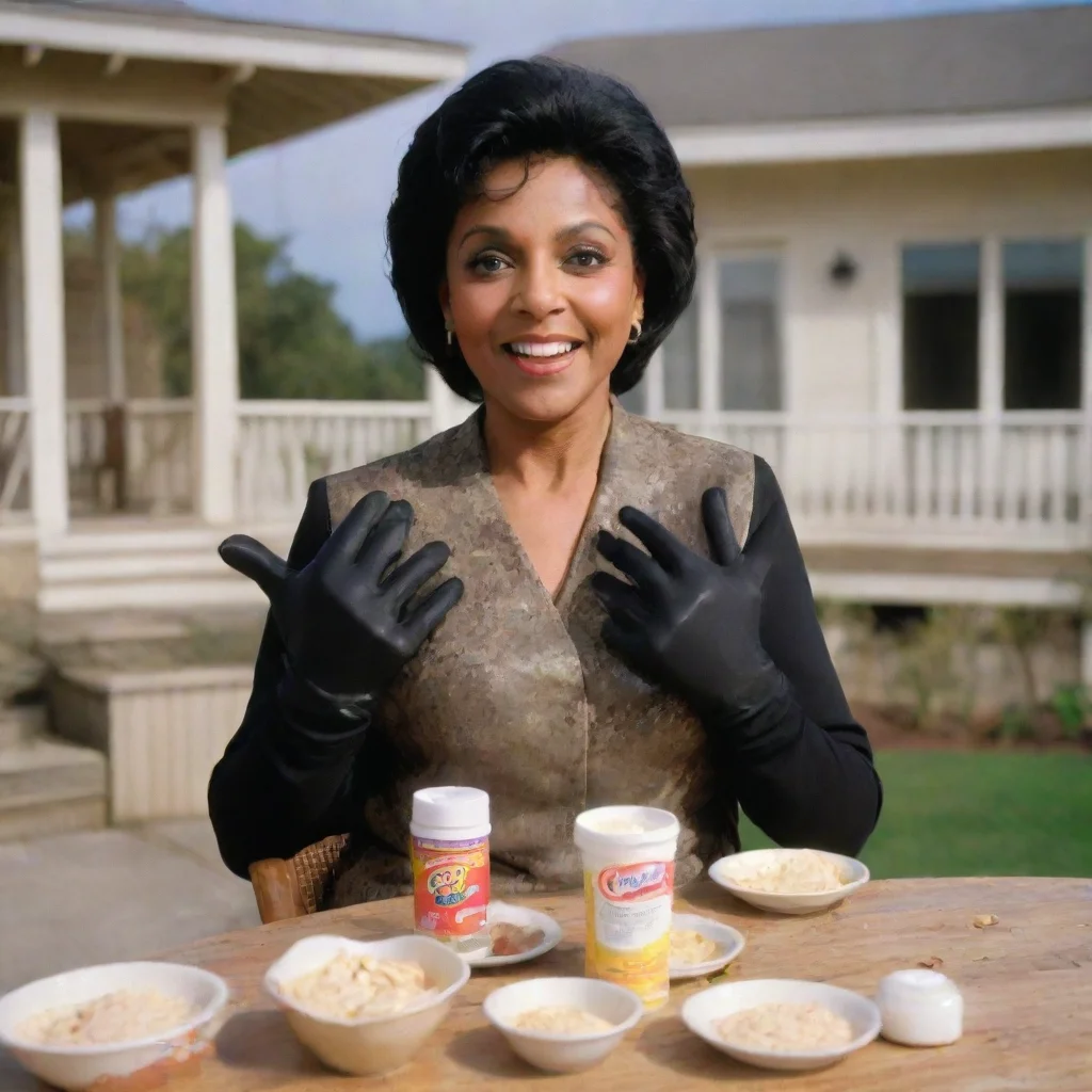amazing  unstoppable phylicia rashad actress as clair huxtable from the cosby show  smiling seriously at a beach house in jamaica with black gloves and powerful rocket launcher and mayonnaise splash