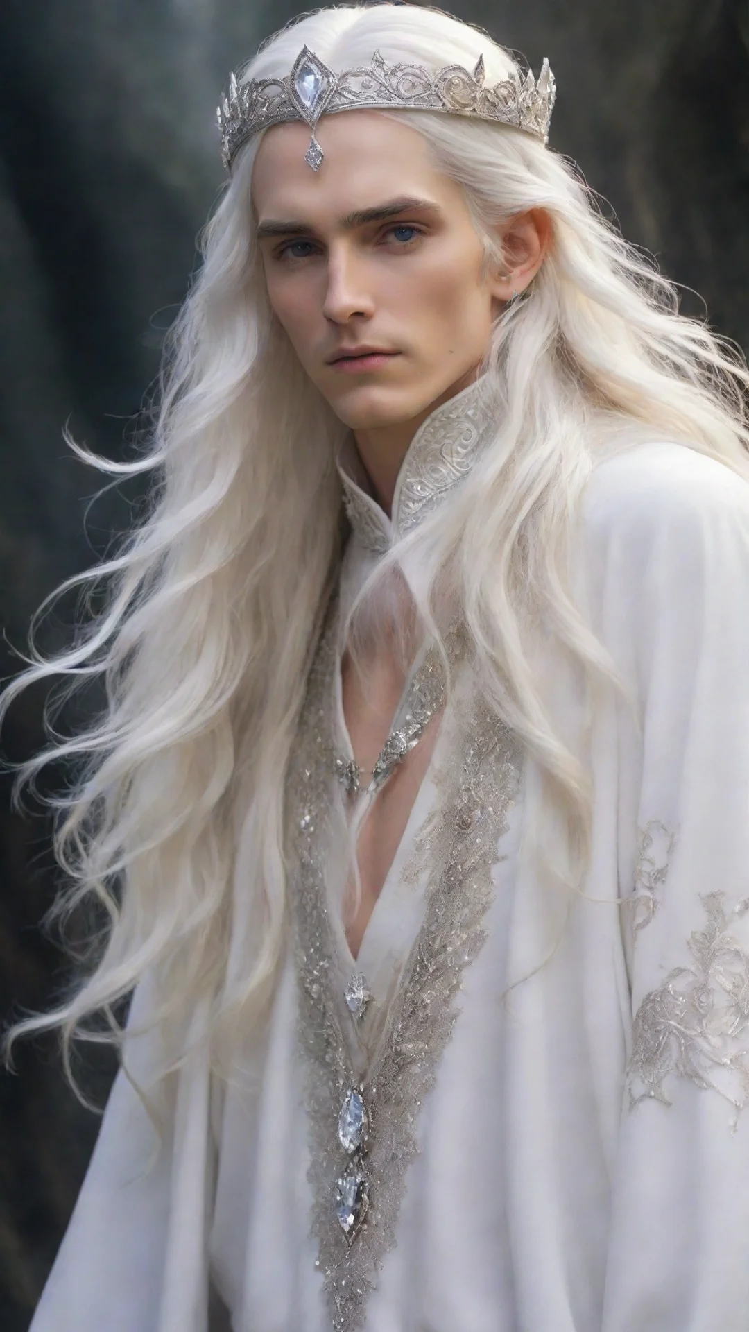 amazing  wearing silver elvish circlet encrusted with diamonds and large center diamond very attractive young male sorcerer with long white hair in gold and white royal robes flowing in the air with
