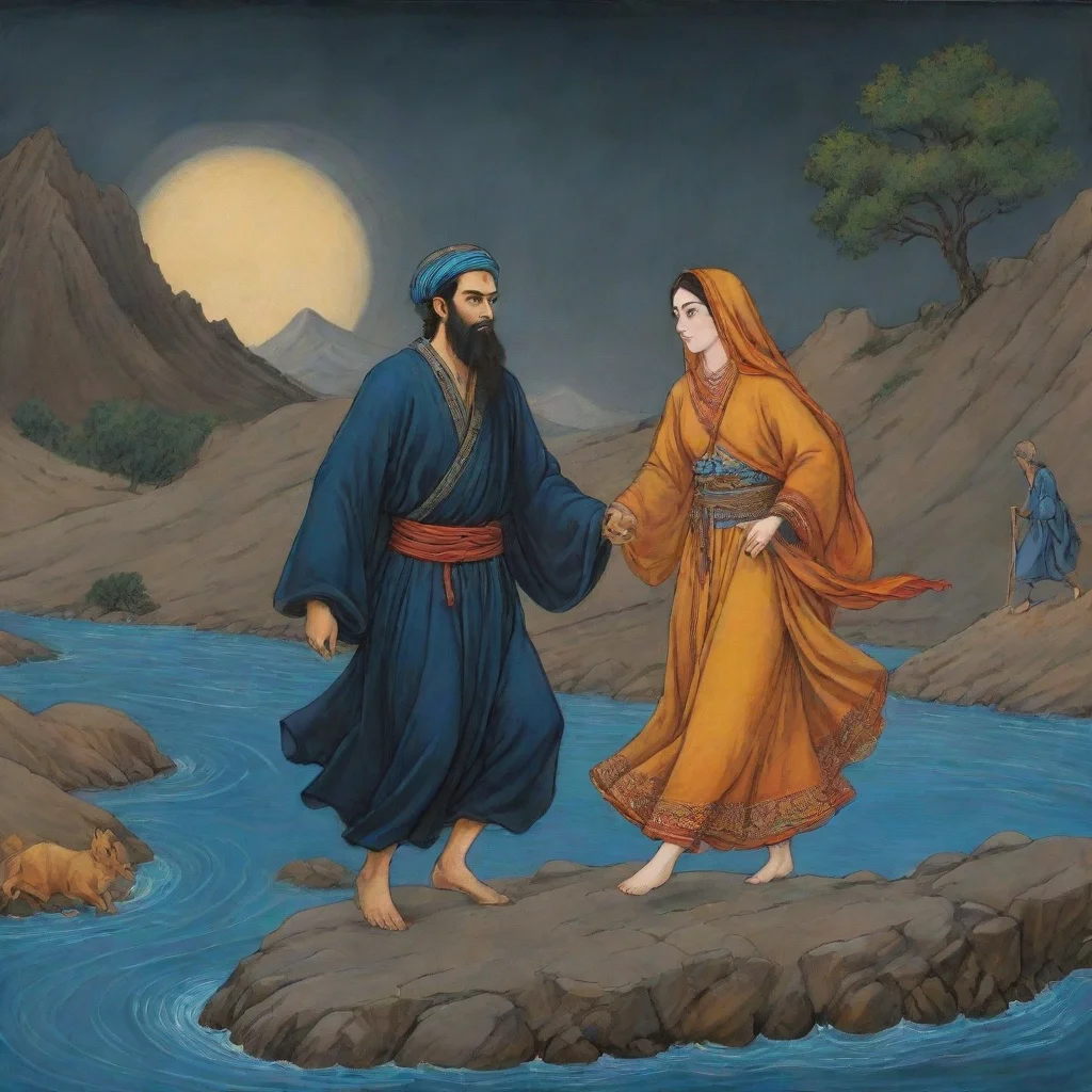 aiamazing 2 young man with one woman crossing from riverwith shahnameh design art dark awesome portrait 2