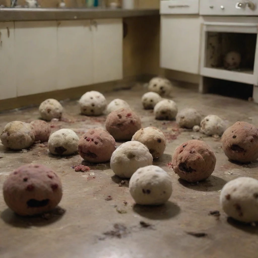 amazing 4k photo still life disgusting dirty kitchen stuffed plush human heads on floor moldy rotten festering awesome portrait 2