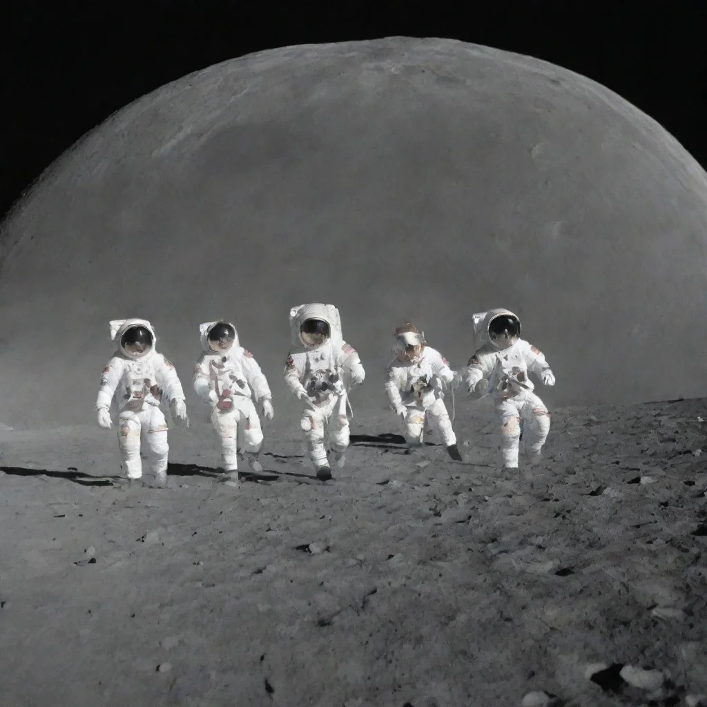 amazing 5 astronauts walking in line across the moon. awesome portrait 2