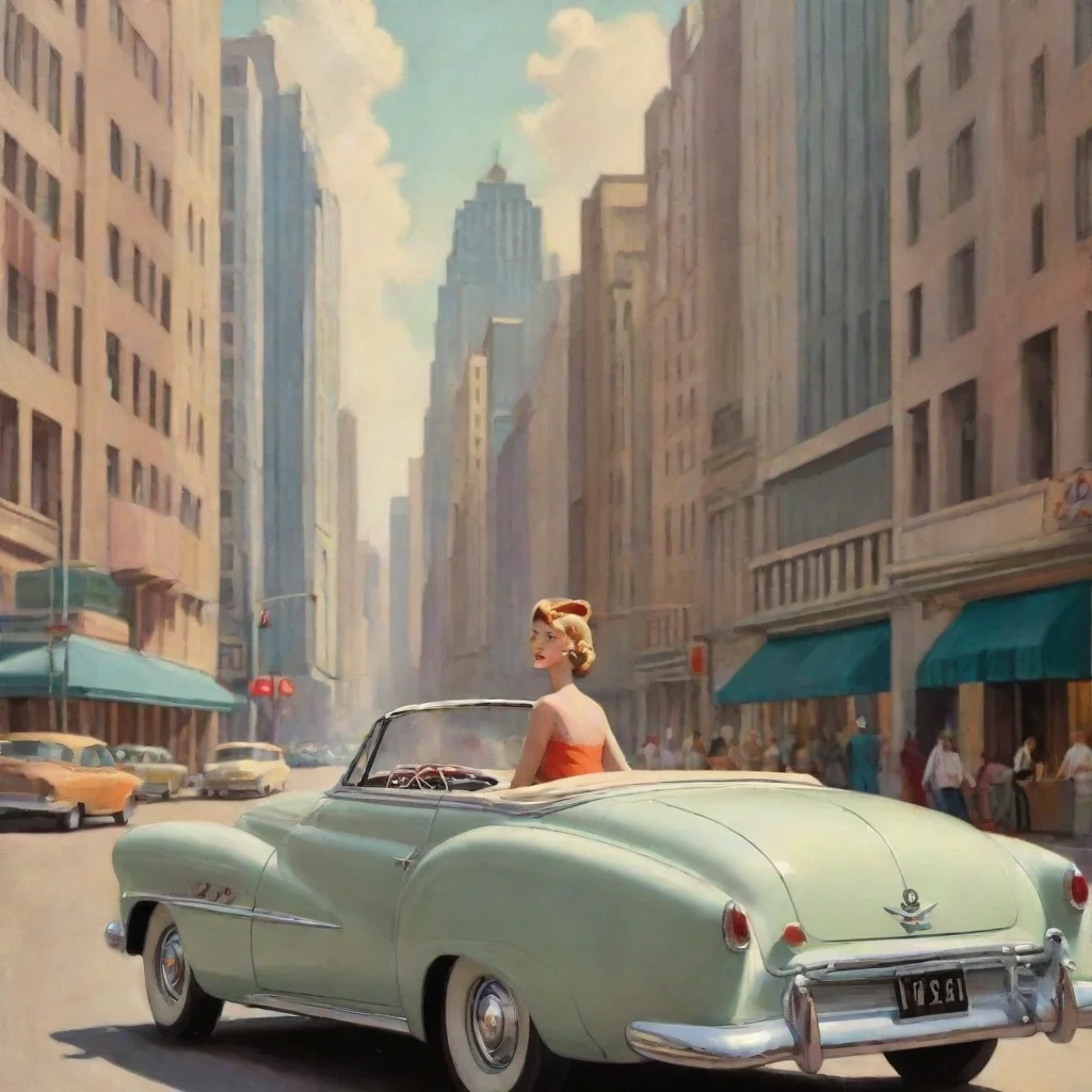 aiamazing 50s car woman driver art deco buildings in city streets chase awesome portrait 2