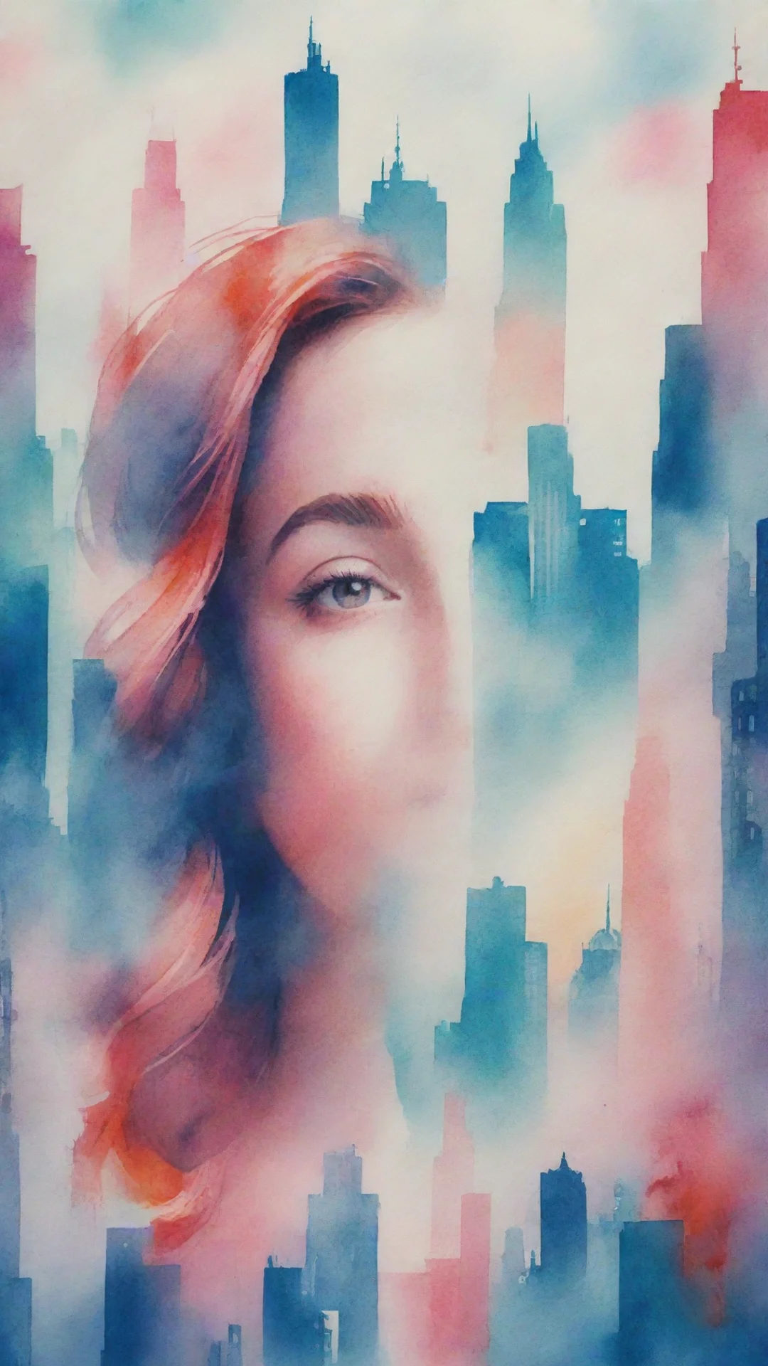 aiamazing 8k  uhd  wallpaper  risograph  a cityscape with a woman s face in a watercolor background  in the style of double exposure awesome portrait 2 tall