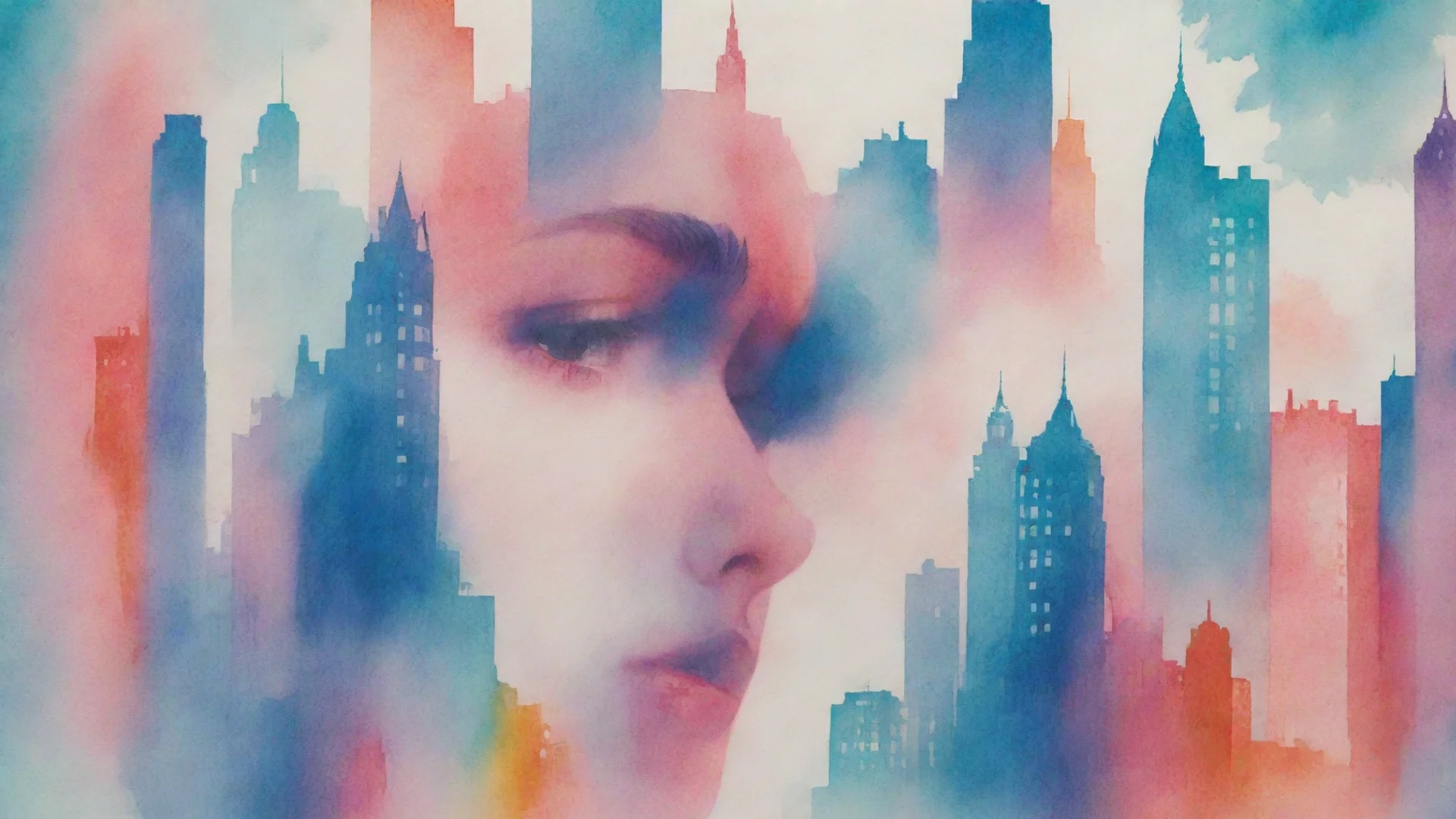 aiamazing 8k  uhd  wallpaper  risograph  a cityscape with a woman s face in a watercolor background  in the style of double exposure awesome portrait 2 wide