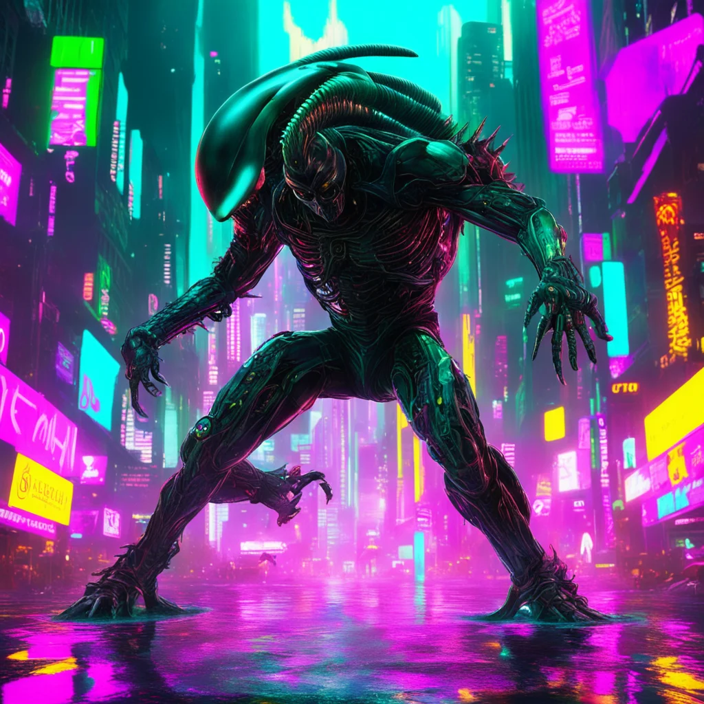 aiamazing a battle scarred xenomorph air kick his opponent through a neon drenched cyberpunk cityscape%2C its reflective surface capturing the rippled chaos around it awesome portrait 2