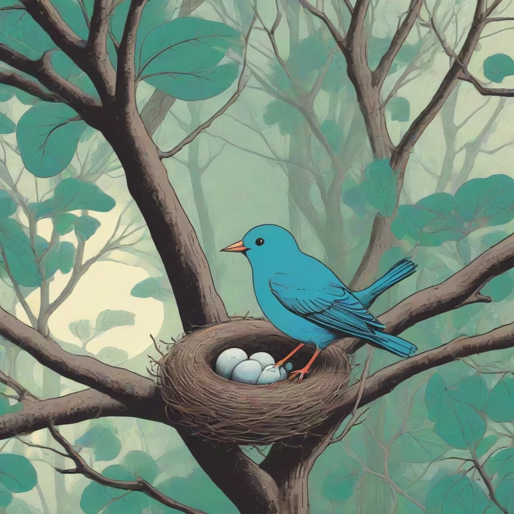 amazing a bird on a branch next to a nest in a lush tree in beautiful nature  risograph  in the style of chris ware ar 54 awesome portrait 2