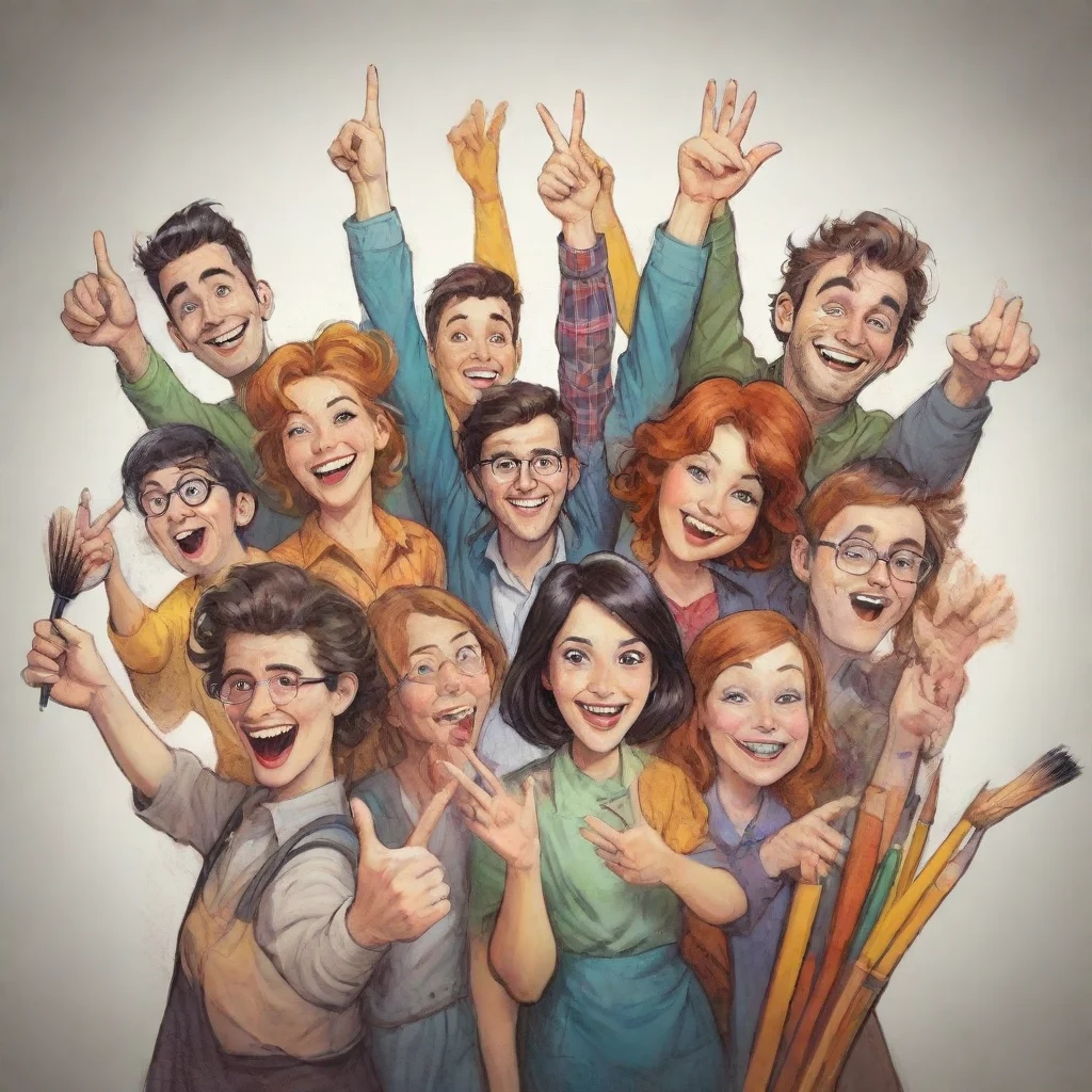aiamazing a bunch of happy artists%2C waving with their brushes and pencils. comic style. awesome portrait 2