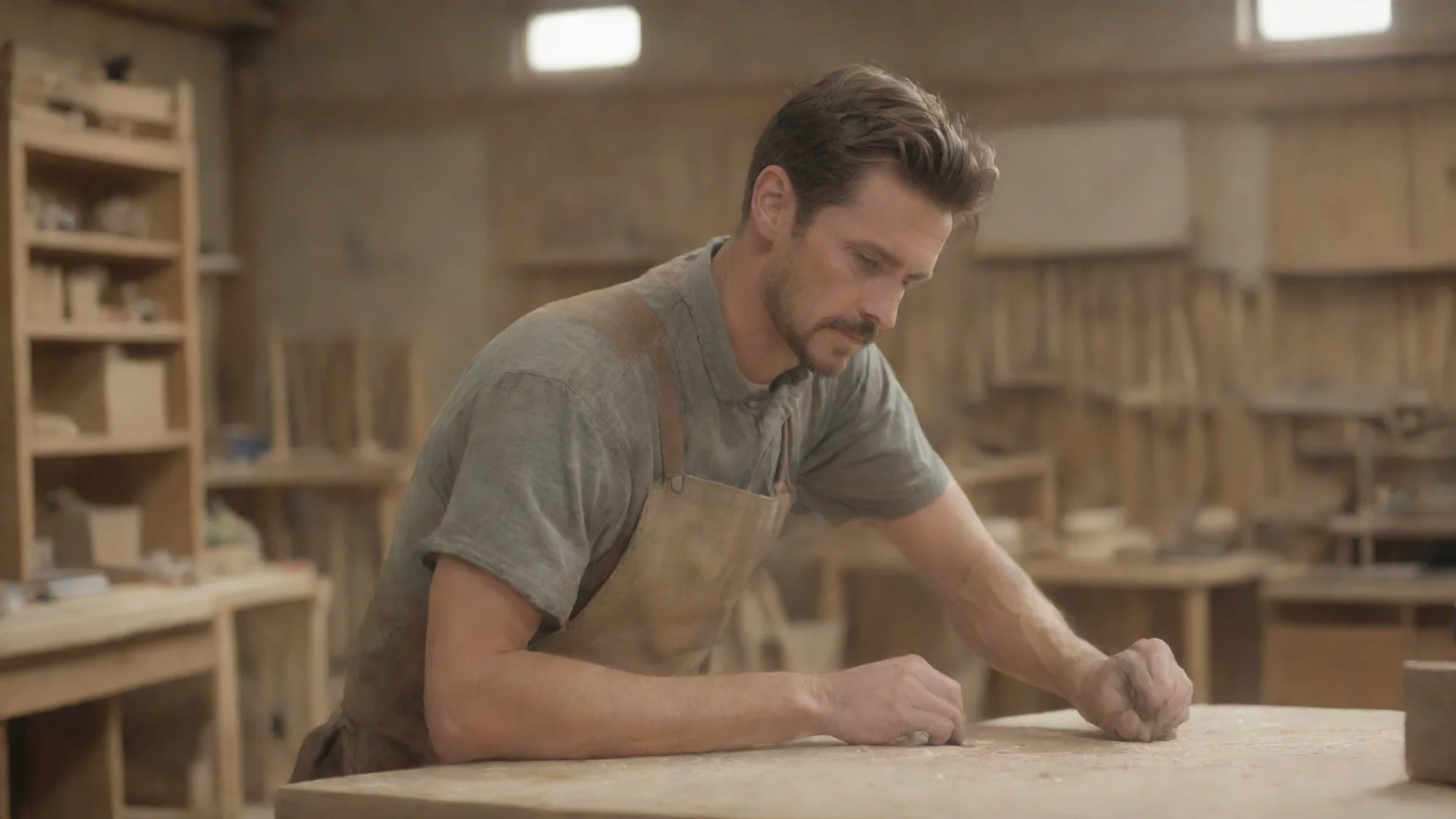 aiamazing a craftsman working on furniture%2C blurred workshop in the background%3B craftsman can only be seen from behind awesome portrait 2 hdwidescreen