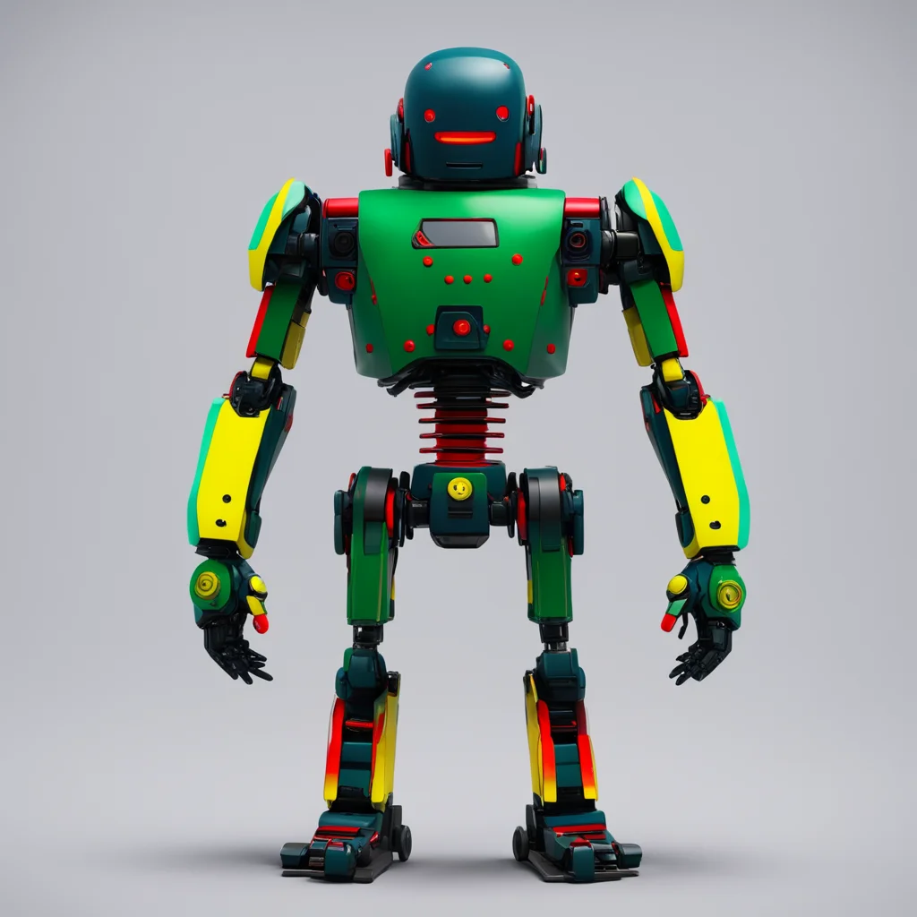 aiamazing a dark green robot with navy blue forearms%2C a black head with transparent yellow face and transparent red on his thighs%2C groin and collarbone awesome portrait 2
