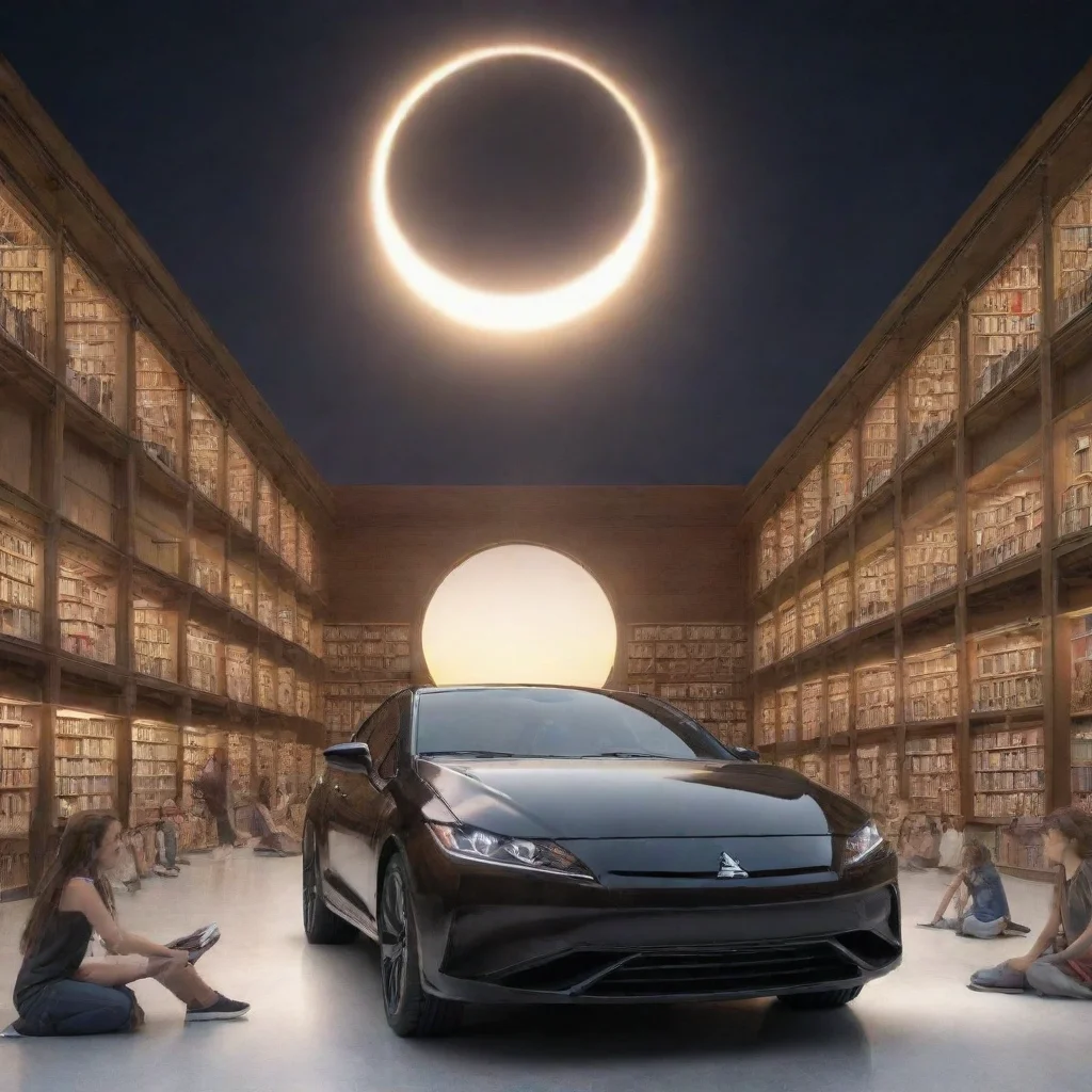 aiamazing a design to commemorate the 2024 solar eclipse viewing%2C include a library or books%2C a mitsubishi eclipse car%2C and a flash mob awesome portrait 2