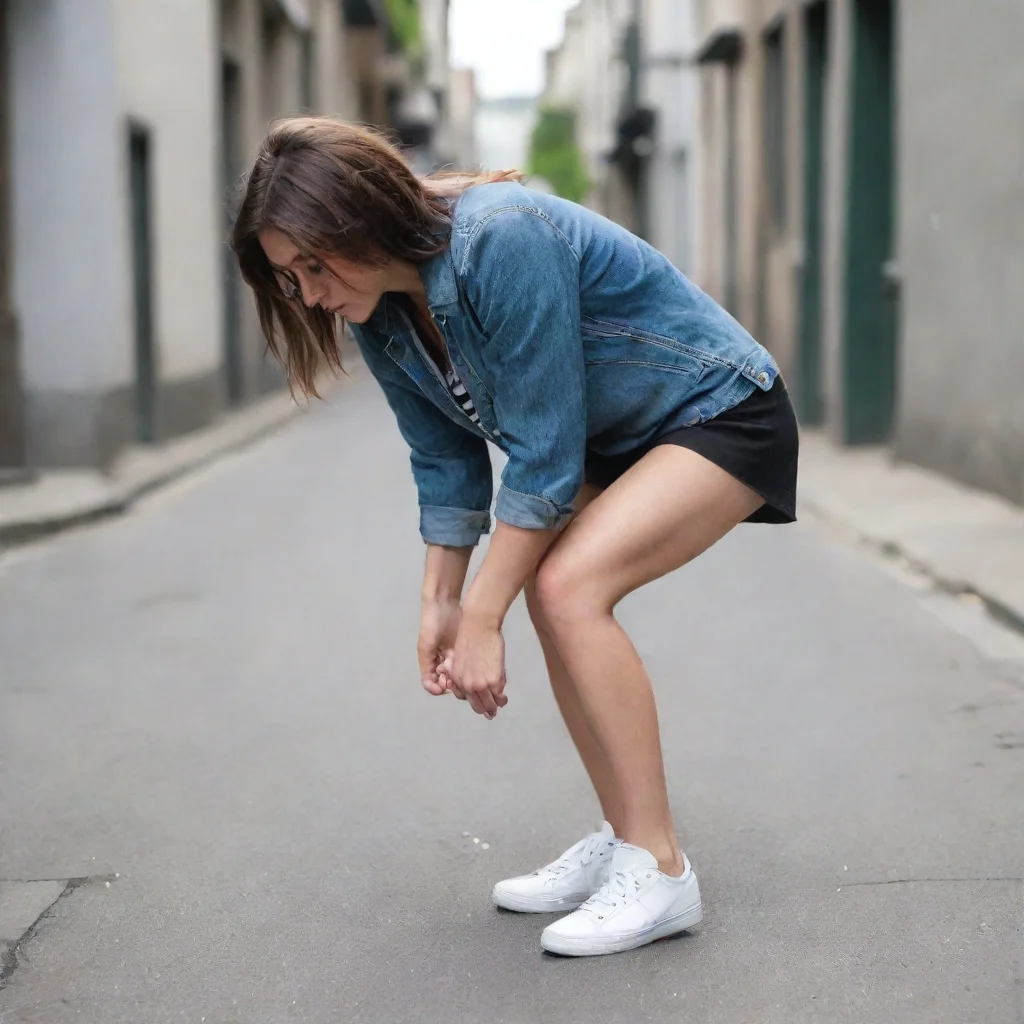 amazing a female crouch down on street. awesome portrait 2