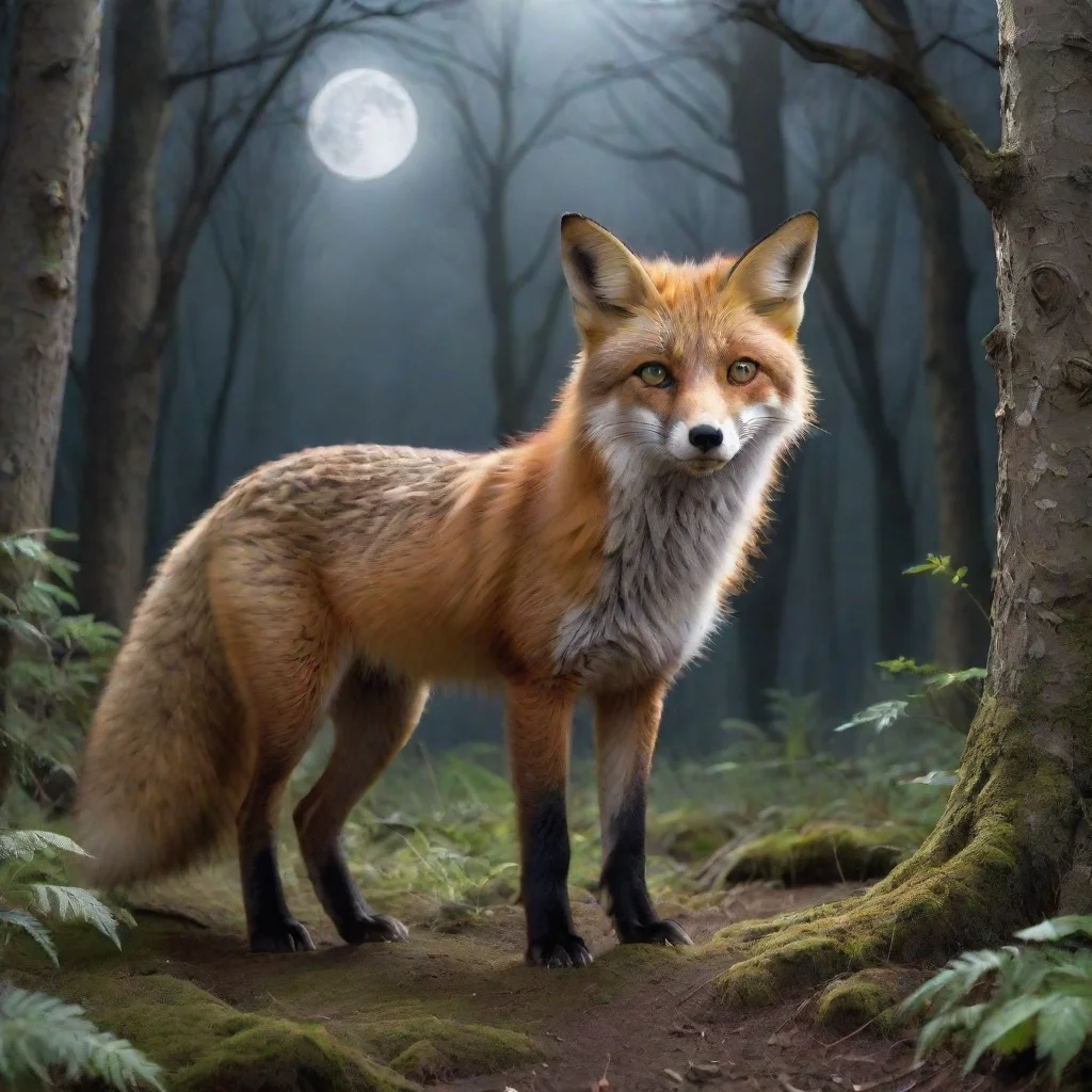 aiamazing a fox in a myterious forest. the moon is shining on his fur. he looks scared. awesome portrait 2