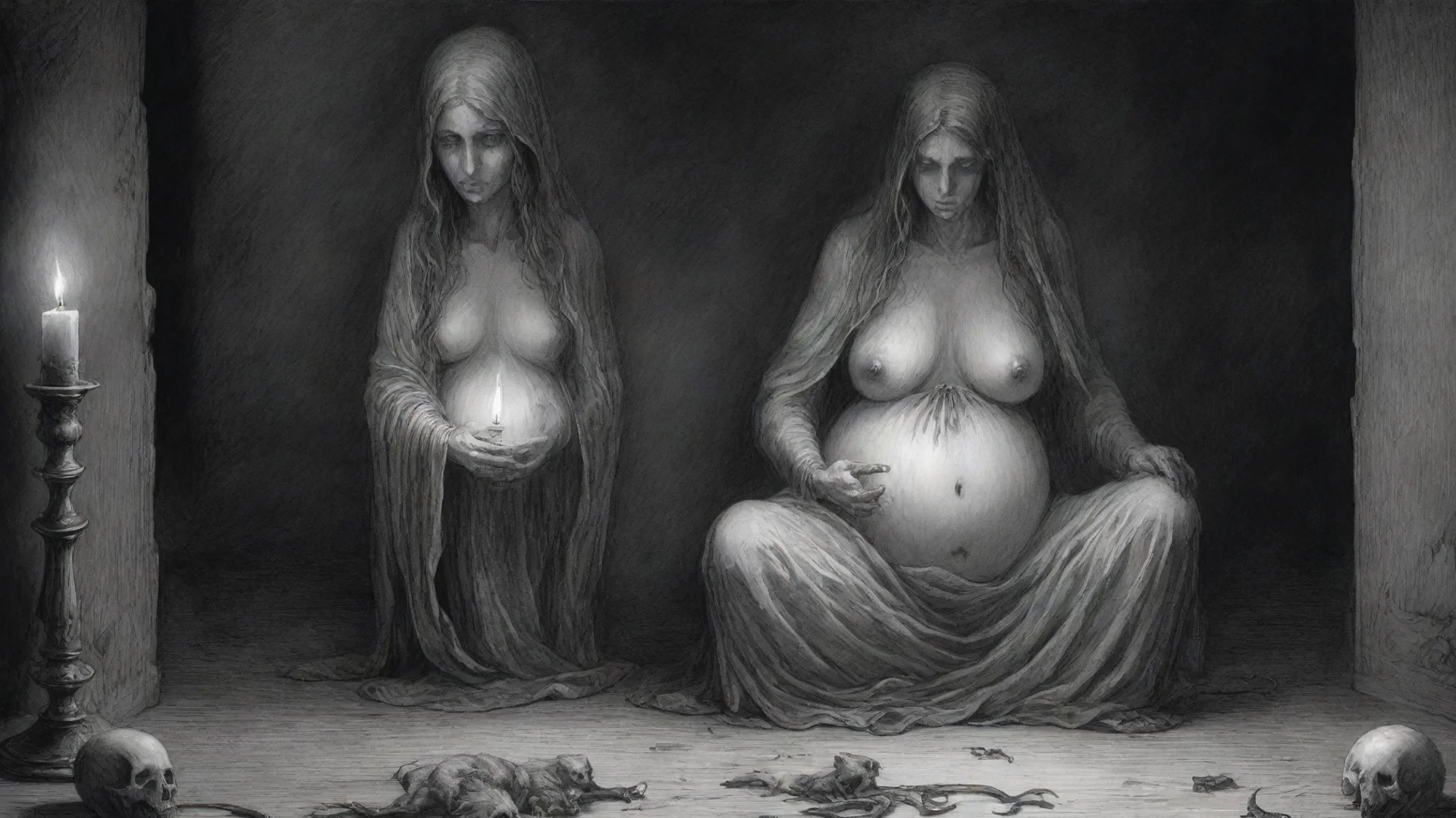 aiamazing a ghost face pregnant woman%2C candle%2C scary rats on the floor%2C horror scene%2C ink drawing%2C in style of gustave dore. awesome portrait 2 wide