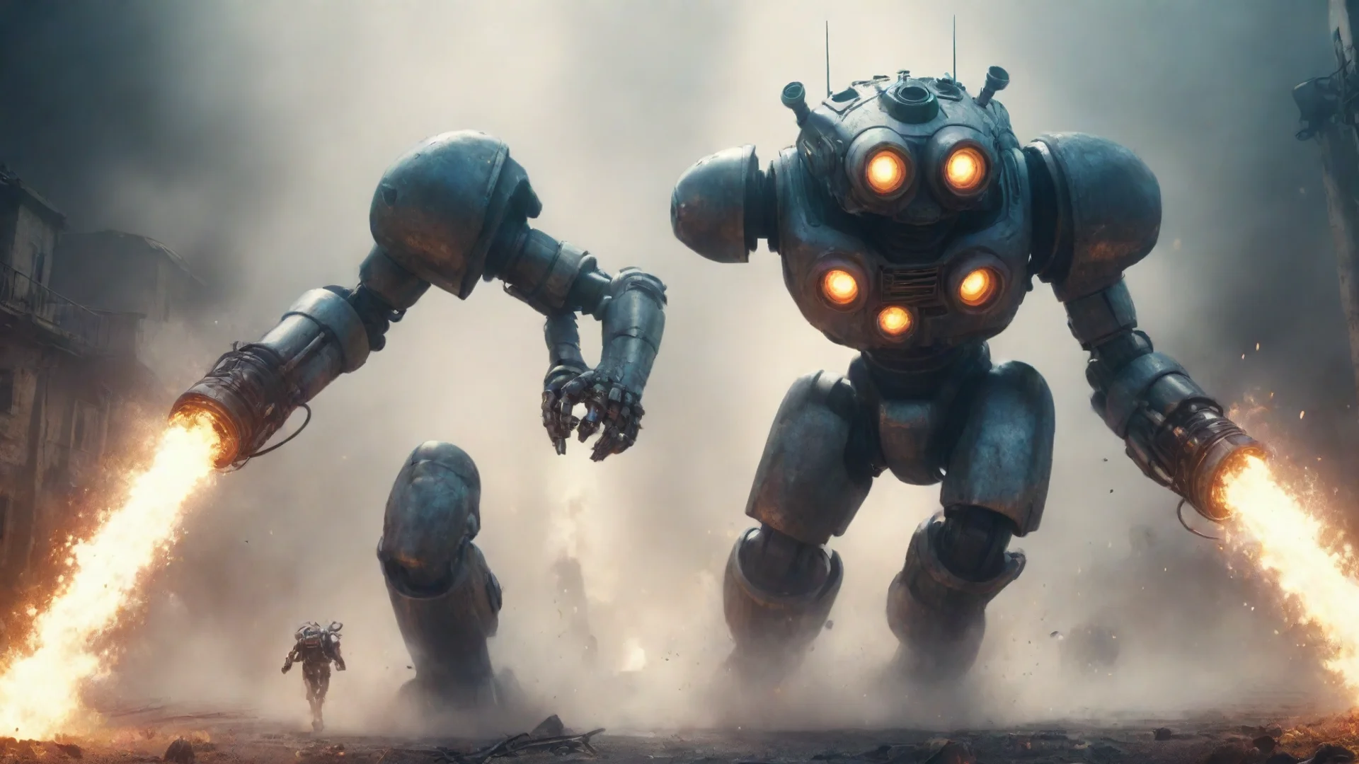 amazing a giant robot diver with pipes round head fight against a huge monster battle explosion blur lens cinematic style grainy octane render concept art hyper awesome portrait 2 wide