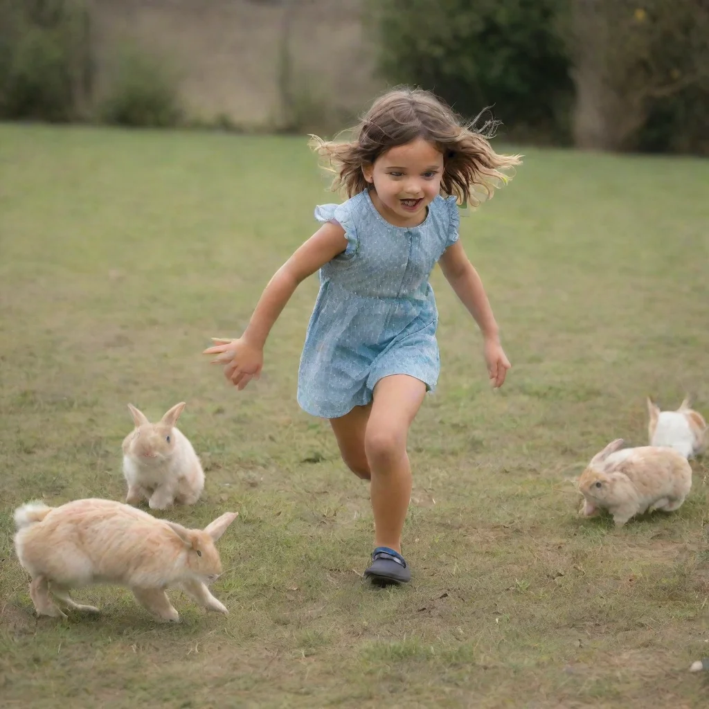 aiamazing a girl runs and plays with a group of rabbits. awesome portrait 2