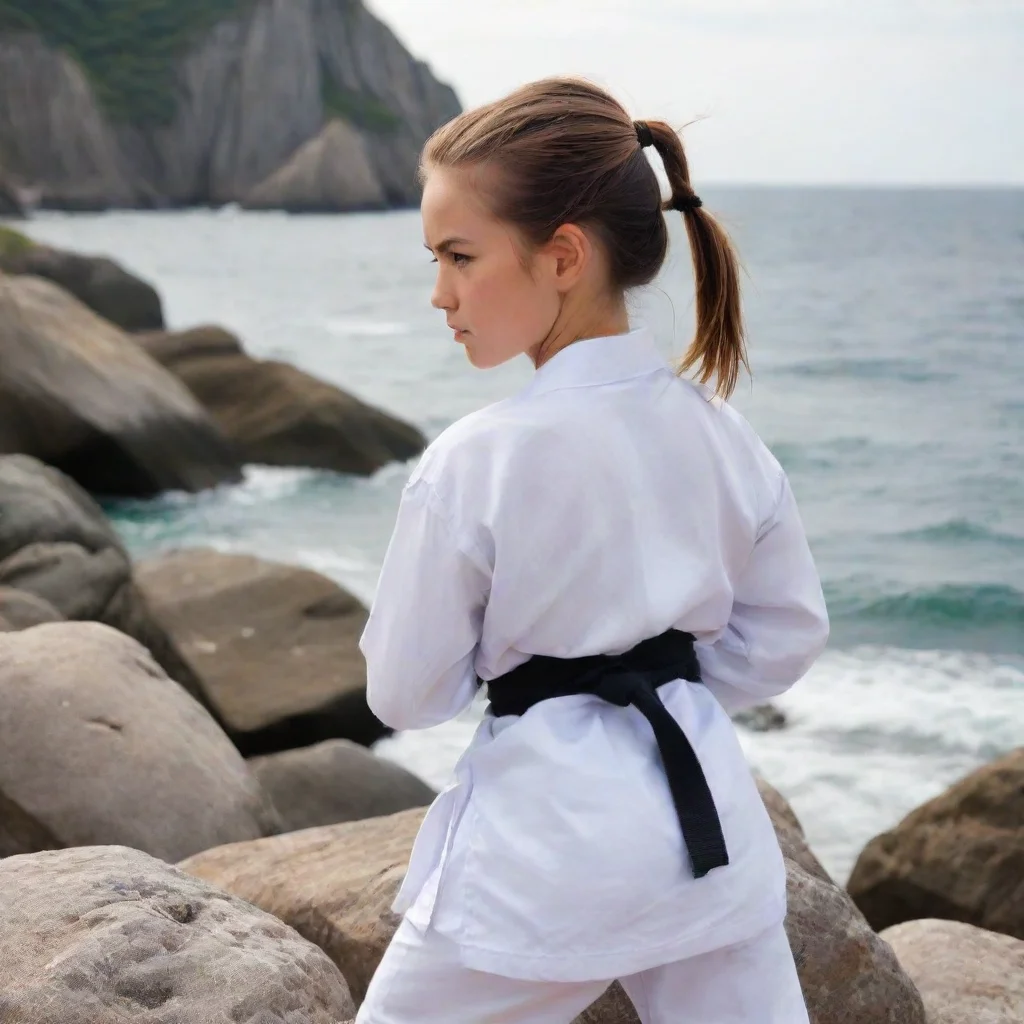 aiamazing a girl with ponytail stadning in a rock beside the sea wearing a white shirts of karate awesome portrait 2