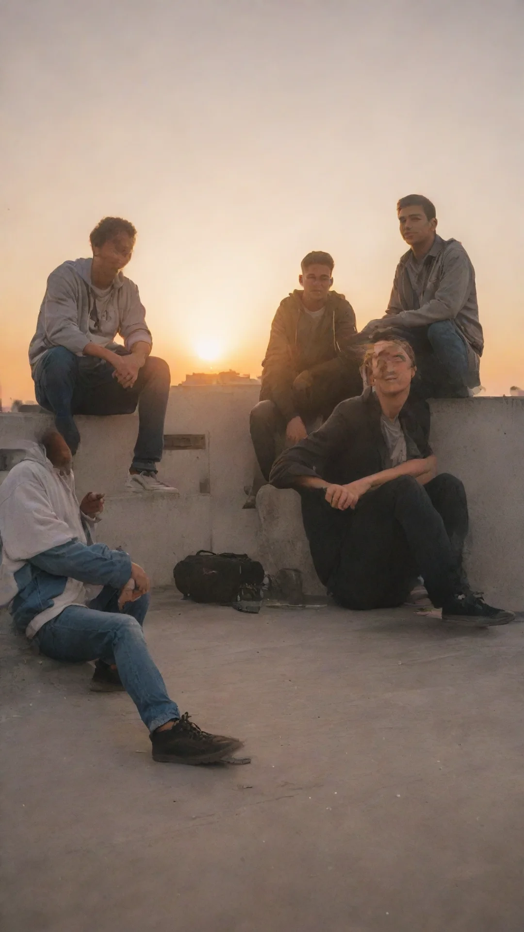 aiamazing a group of 4 male students sitting at a rooftop while sunset happens awesome portrait 2 tall