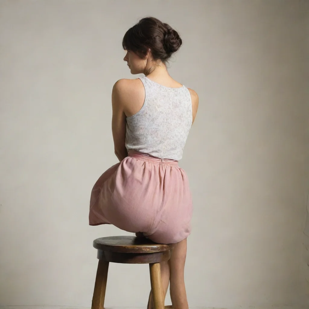 aiamazing a lady sits on a stool. camera looks at her back from a low position. awesome portrait 2