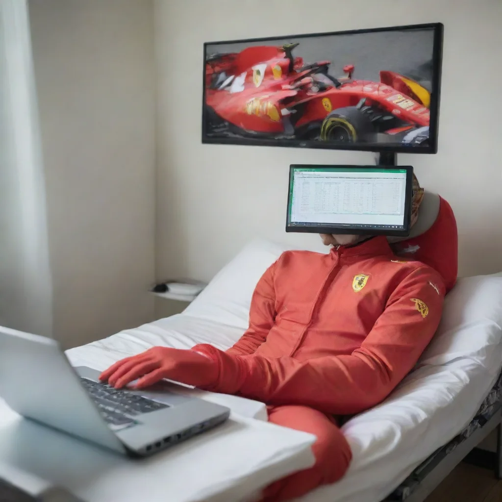 aiamazing a laptop with an excel spreadsheet in a hospital bed in a ferrari suit watching the formula 1 on tv awesome portrait 2