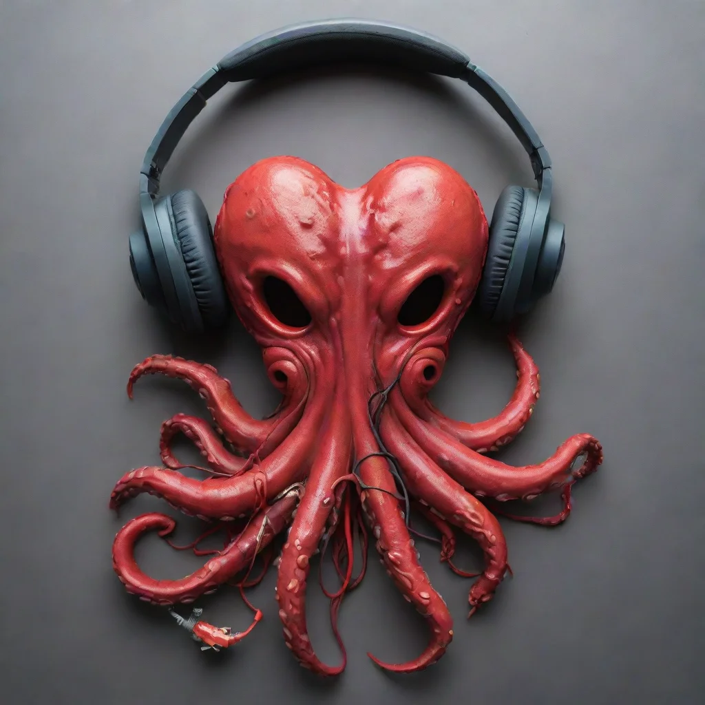 amazing a mangled heart that bleeds slightly but has octopus tentacles that are headphone jacks. this wearing headphones or earphones is red but with multicolored %28dark%29 cables awesome portrait 