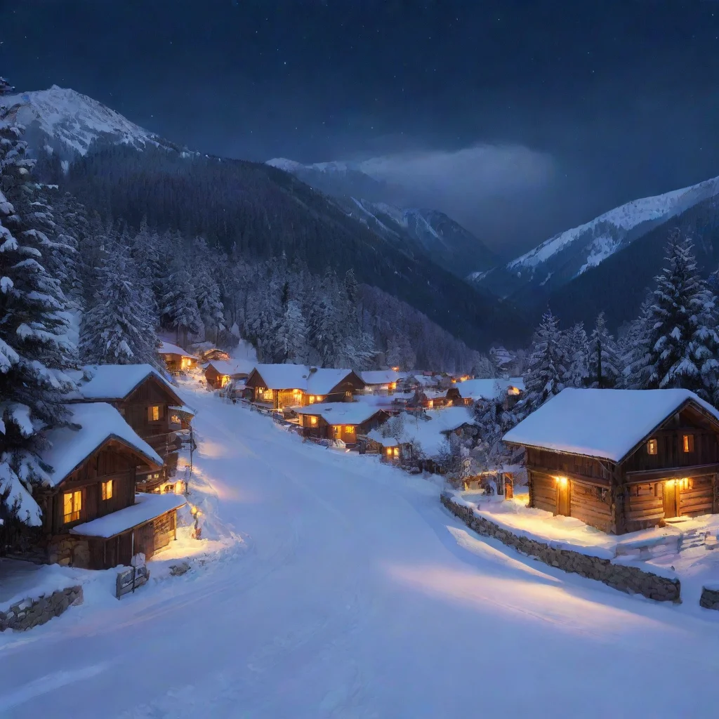 aiamazing a mountain village with snow and pine trees in the night awesome portrait 2