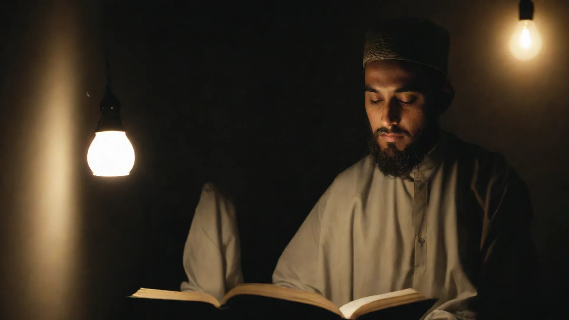 amazing a muslim man reading a book in a dark room with lamp light. awesome portrait 2 wide