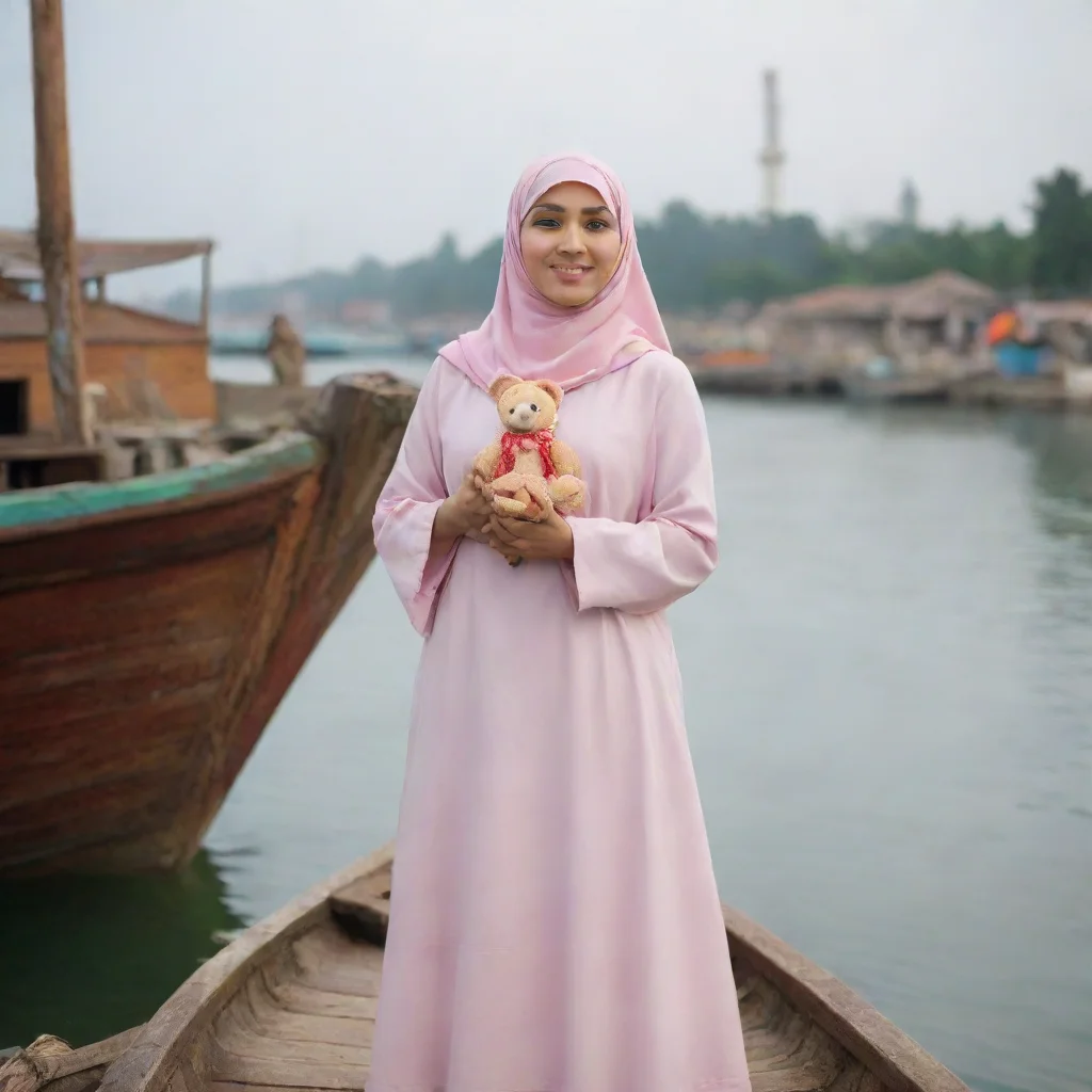 aiamazing a muslim woman wearing hijab holding a toy%2C standing on an old boat awesome portrait 2
