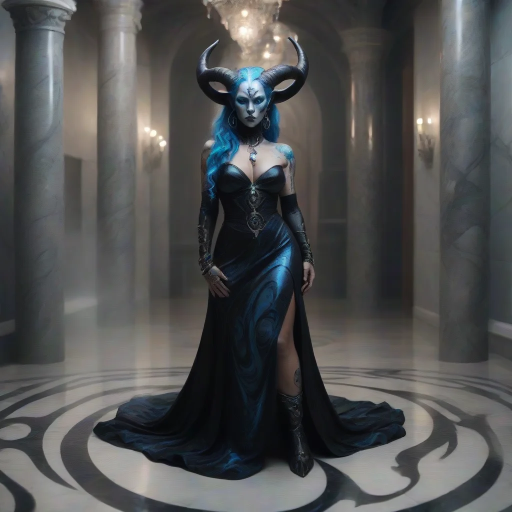 amazing a older sassy thicc eldritch tiefling noble standing in a ballroom with an eldritch swirled marble floor. her skin is opalescent with glowing blue tribal tattoos all over. her horns are onyx