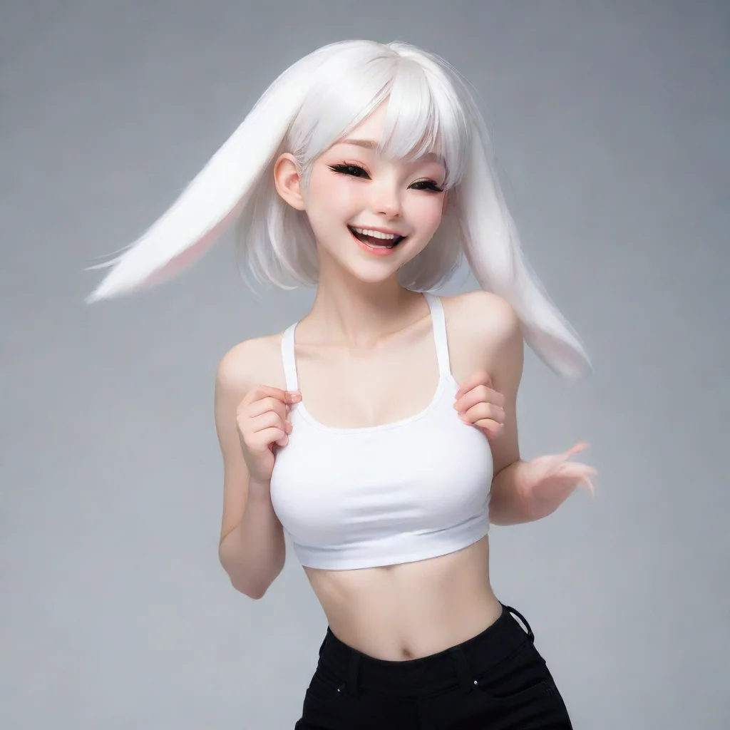 amazing a pale white humanoid bunny that looks like an average anime girl is laughing due to being tickled by a floating hand on her sexy smooth midriff which is seen by a crop top