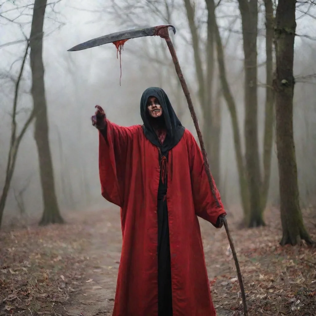 aiamazing a person holding a long scythe with a blood red robe on awesome portrait 2