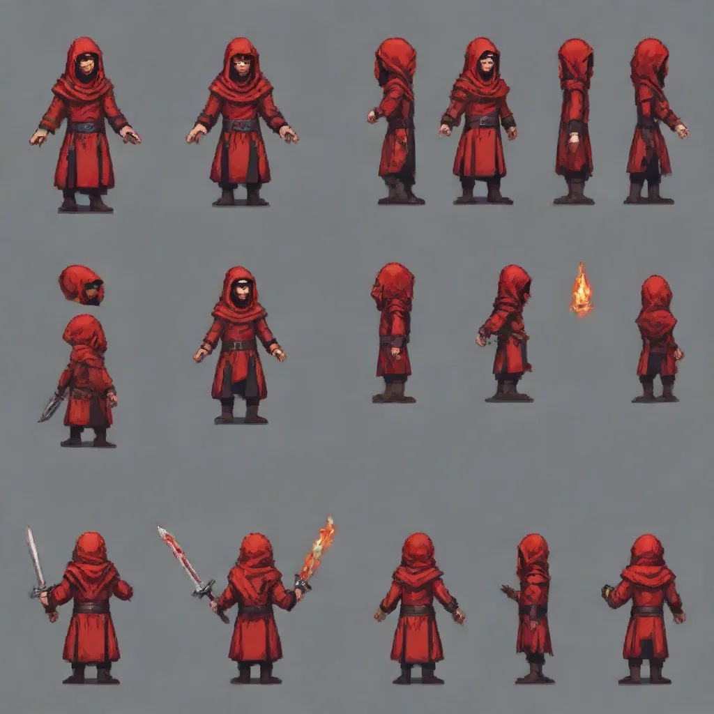 aiamazing a pixel art sprite sheet of a red cultist%2C with its 6 frames for its walking animation and 6 frames for its attacking with a sword animation. awesome portrait 2