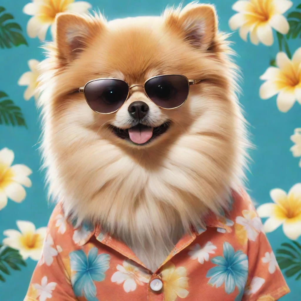 aiamazing a pomeranian with sunglasess and a golden neckless wearing a hawaiian shirt%2C anime style awesome portrait 2
