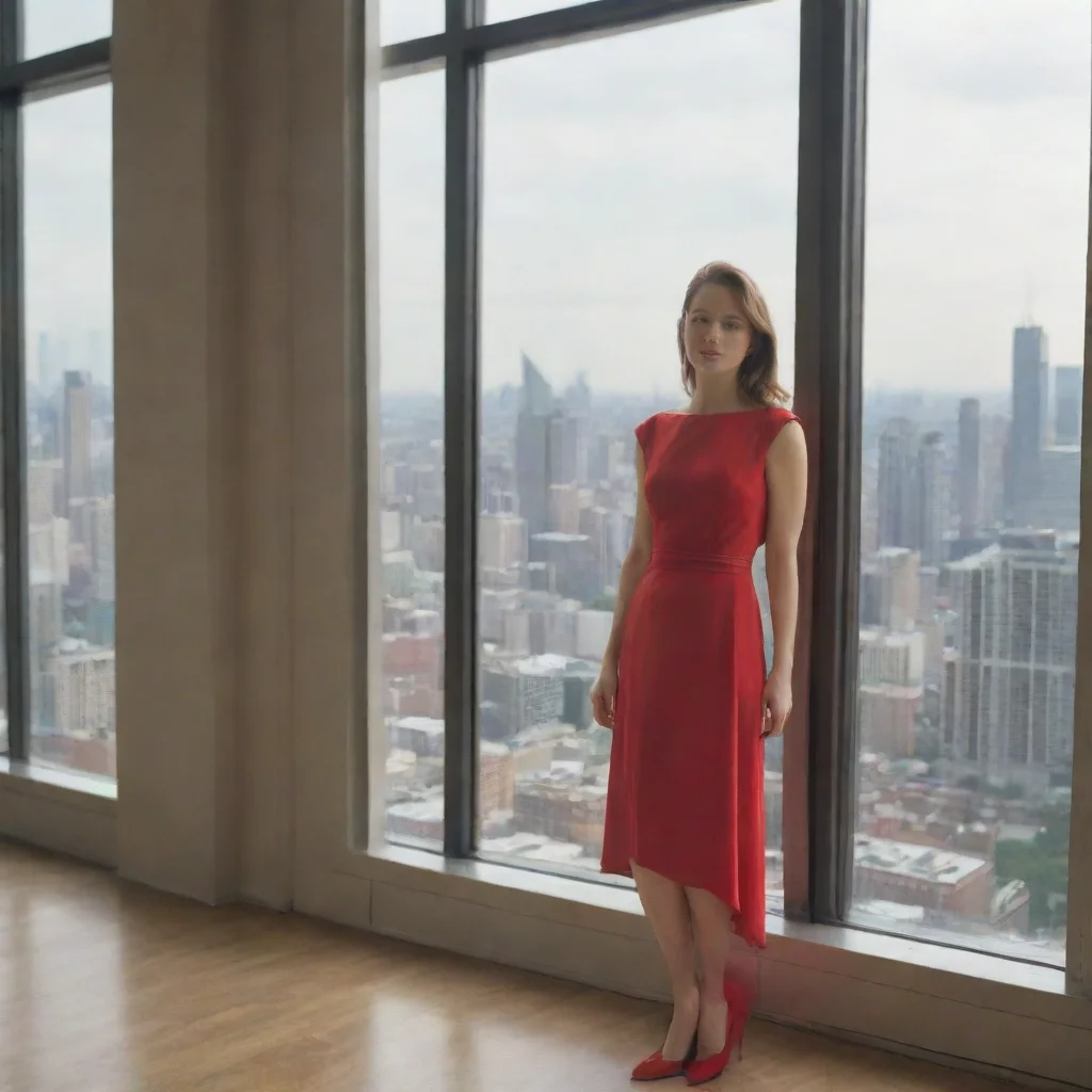 aiamazing a portrait of a woman wearing a red dress%2C standing in front of a large window with a cityscape view awesome portrait 2