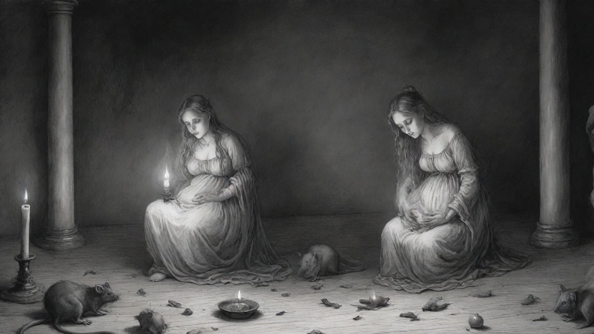 aiamazing a pregnant woman%2C candle%2C rats on the floor%2C horror scene%2C ink drawing%2C in style of gustave dore. awesome portrait 2 wide