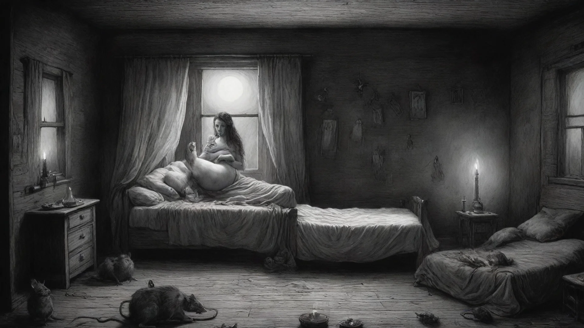 aiamazing a pregnant woman on bed in a cabin%2C dark room%2C candle light%2C rats on the floor%2C horror scene%2C ink drawing%2C in style of gustave dore. awesome portrait 2 wide