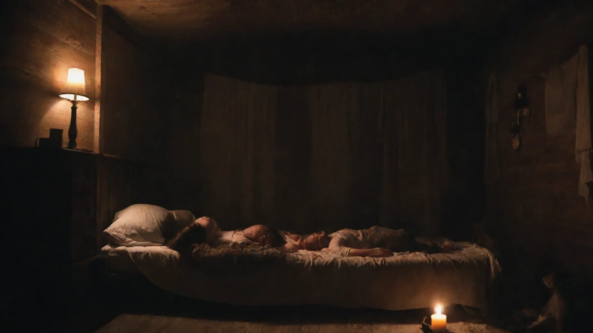 aiamazing a pregnant woman on bed in a cabin%2C dark room%2C candle light%2C rats on the floor%2C horror scene. awesome portrait 2 wide