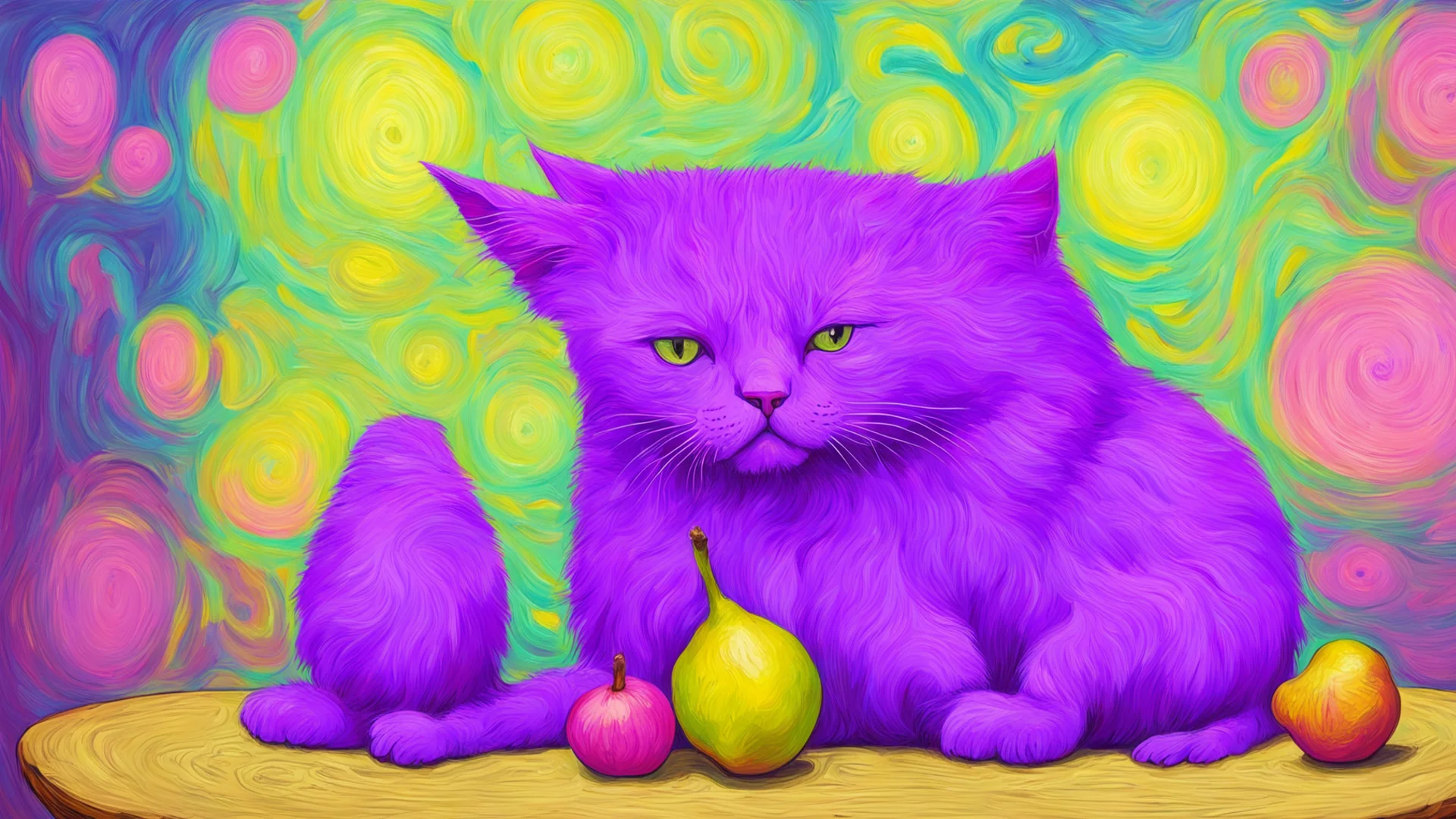 amazing a purple cat with pink strips. the cat is eating a pear. the pear has a face and is looking sad. the background is in vincent van gogh style awesome portrait 2 wide