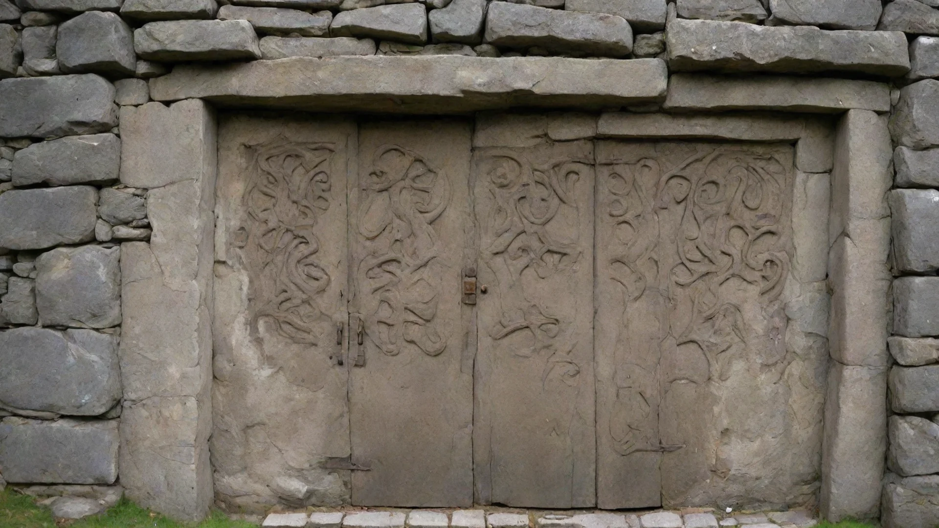 amazing a rectangular door way in a stone wall.  the door frames is carved with demonic runes awesome portrait 2 wide